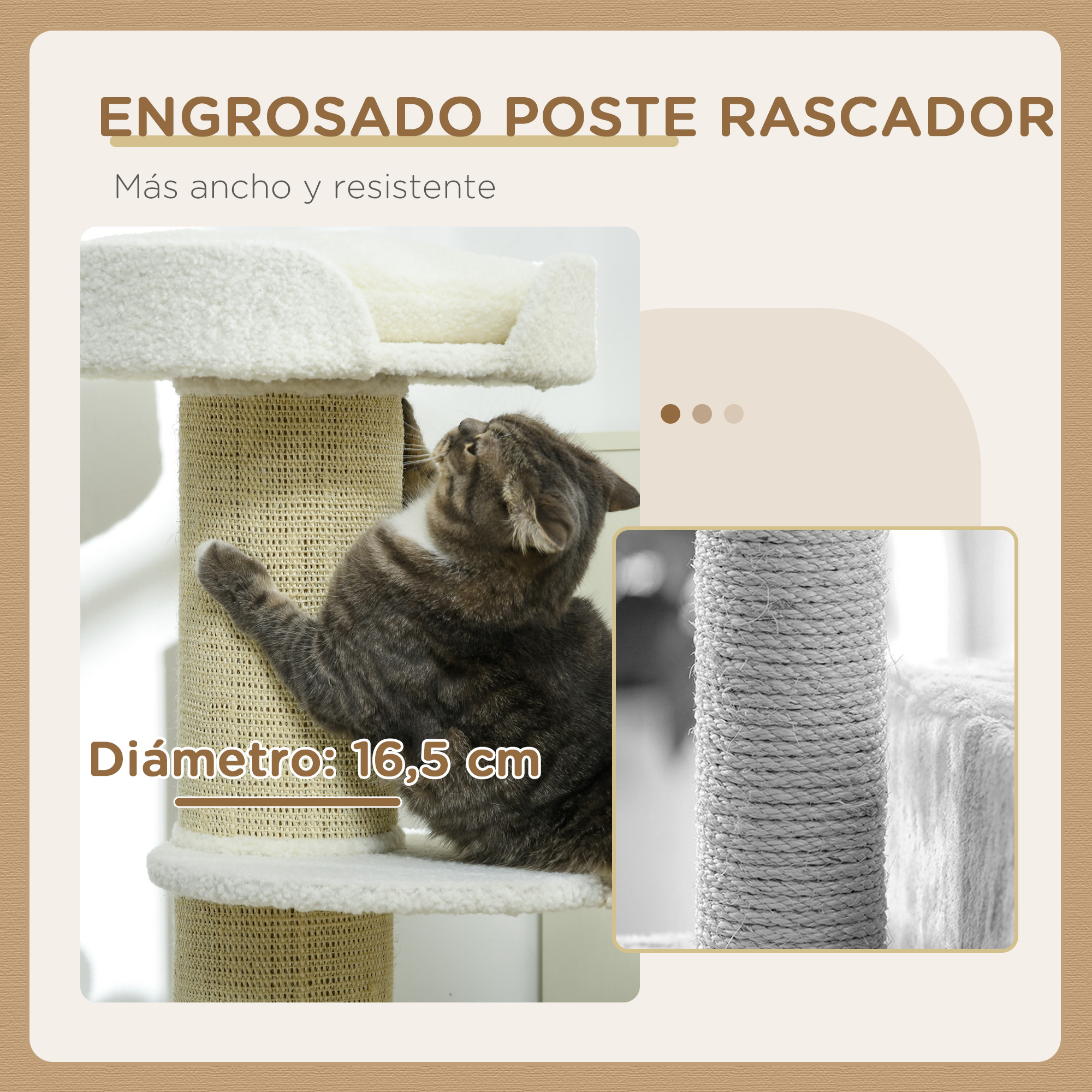 Un gato araña un poste rascador, con un primer plano de la textura de la cuerda y las dimensiones.