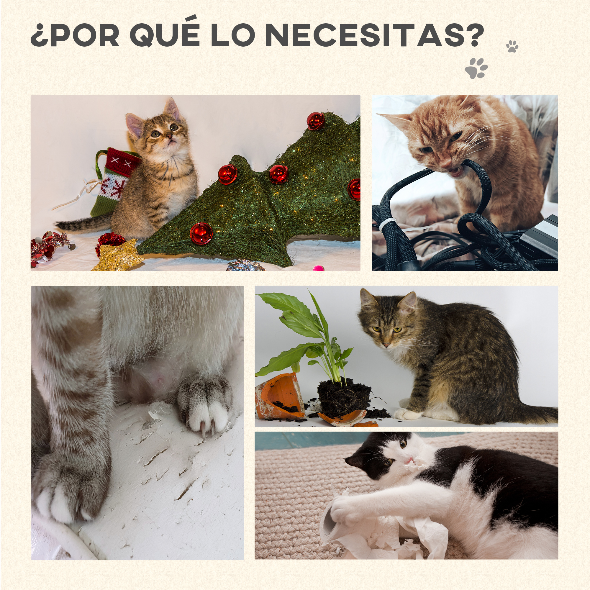 Gatos interactuando con árbol de Navidad, cables, maceta rota y un gato jugando con papel.