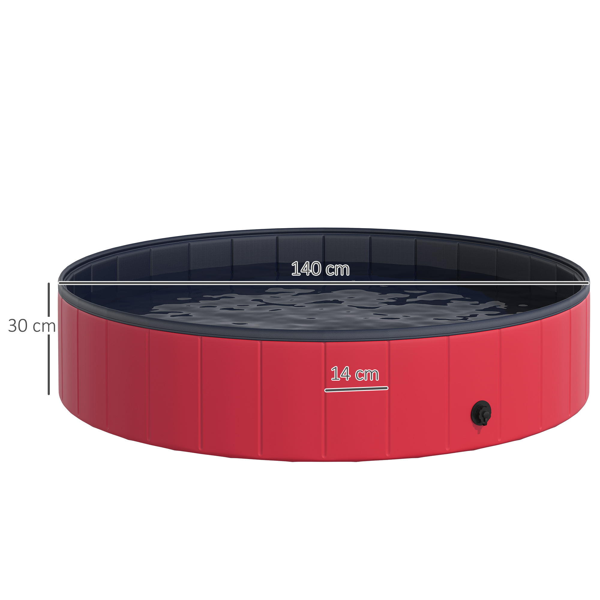 Una piscina inflable redonda roja y negra con dimensiones. La piscina está sobre un fondo blanco.