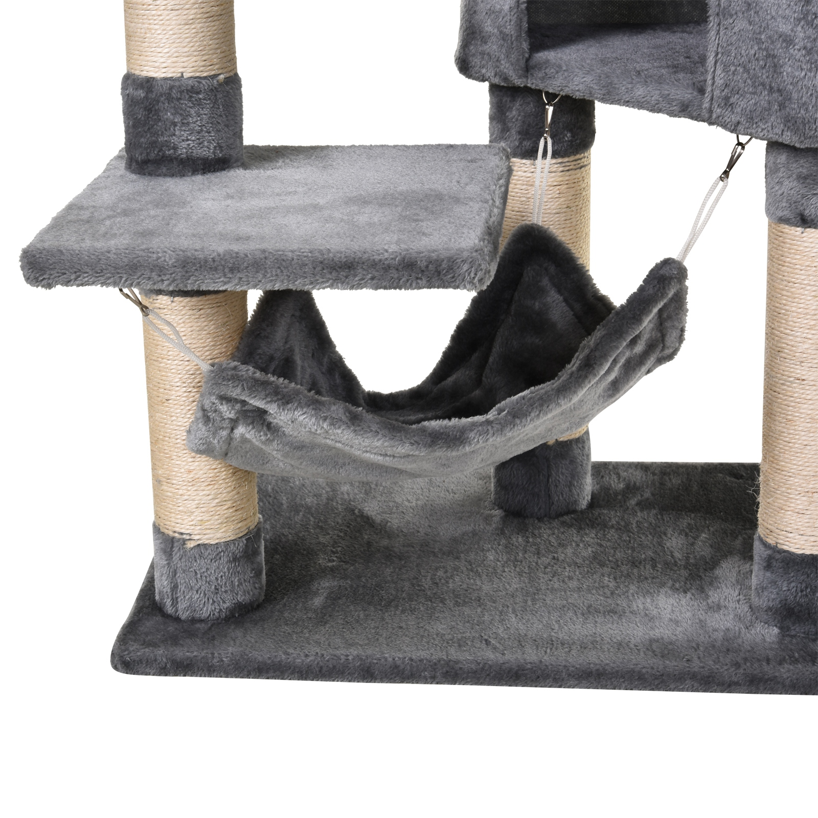 Un árbol para gatos gris con plataformas, postes para rascar y una hamaca. El fondo es blanco.