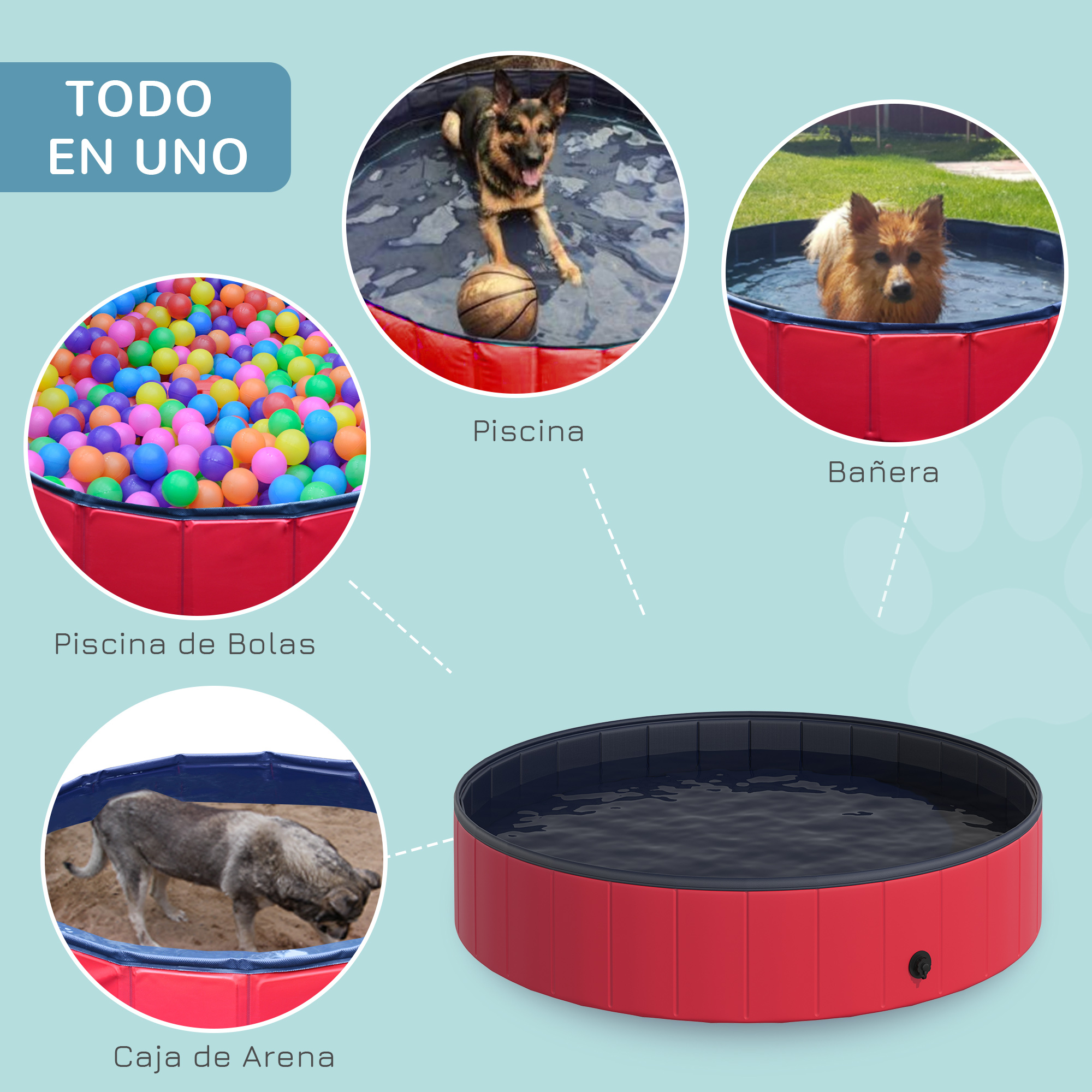 Una piscina roja para perros con base roja. Las imágenes muestran perros en la piscina, un foso de bolas y arenero.