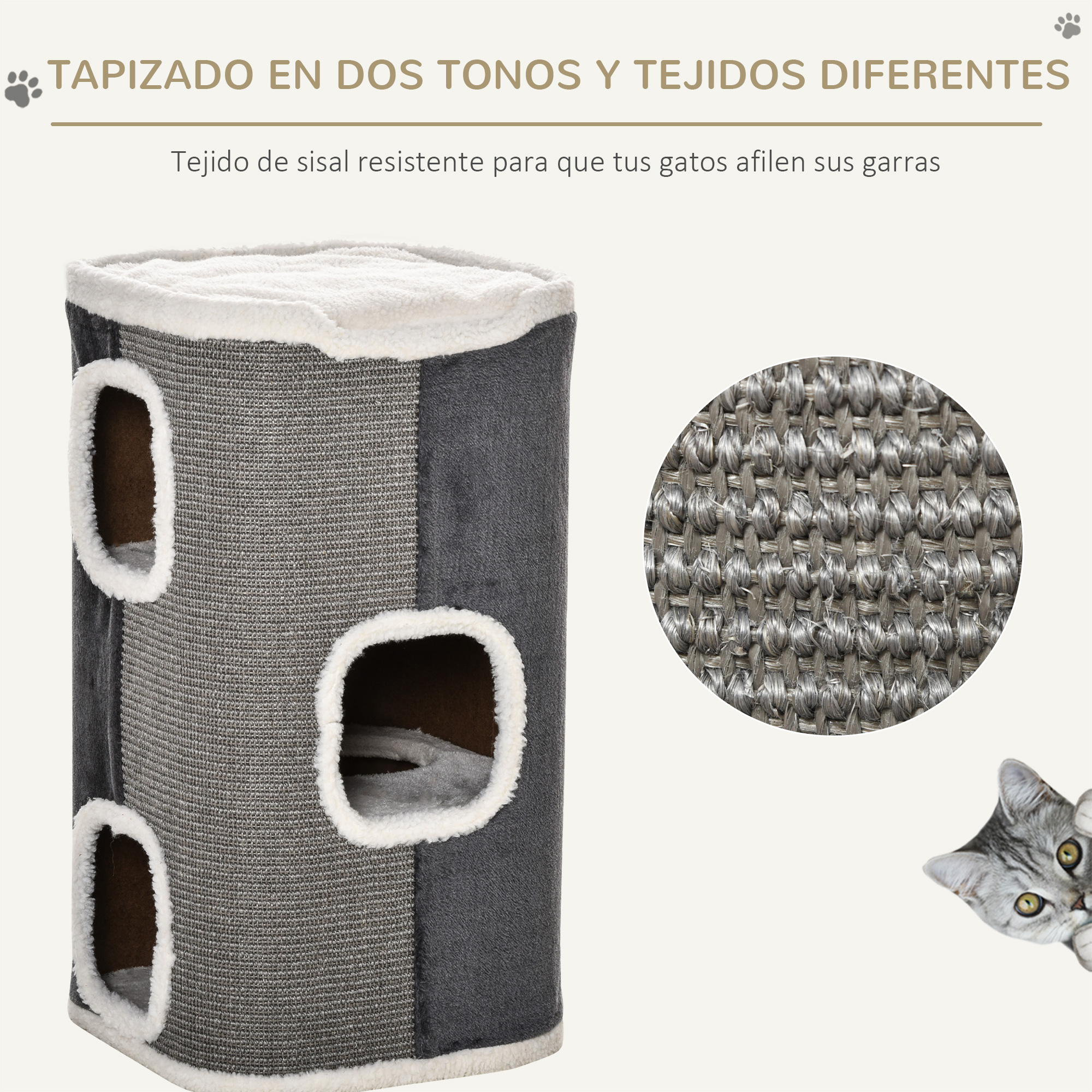Un rascador para gatos con diferentes texturas y agujeros para que los gatos se escondan.