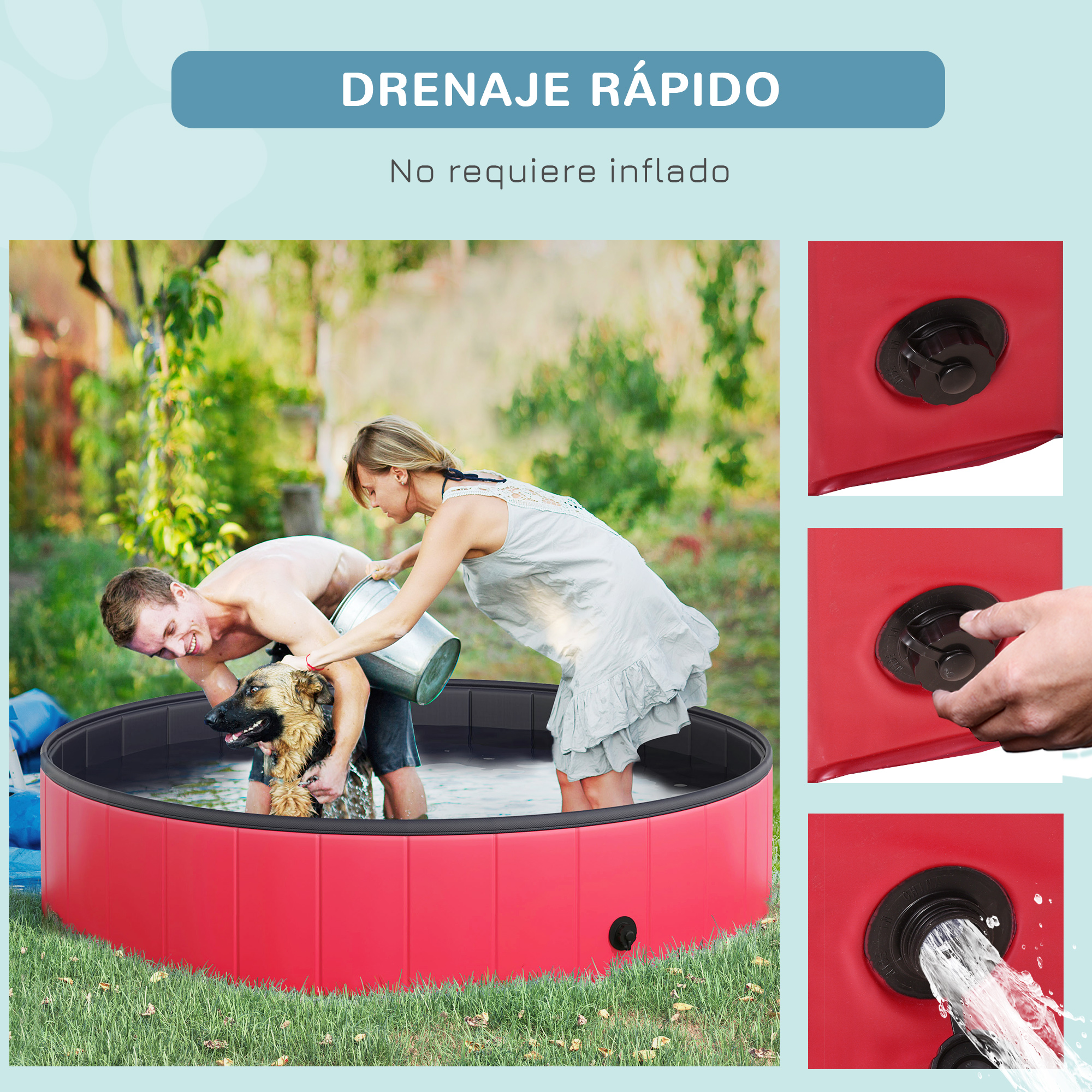 Personas lavando a un perro en una piscina inflable roja y redonda con funciones de drenaje.