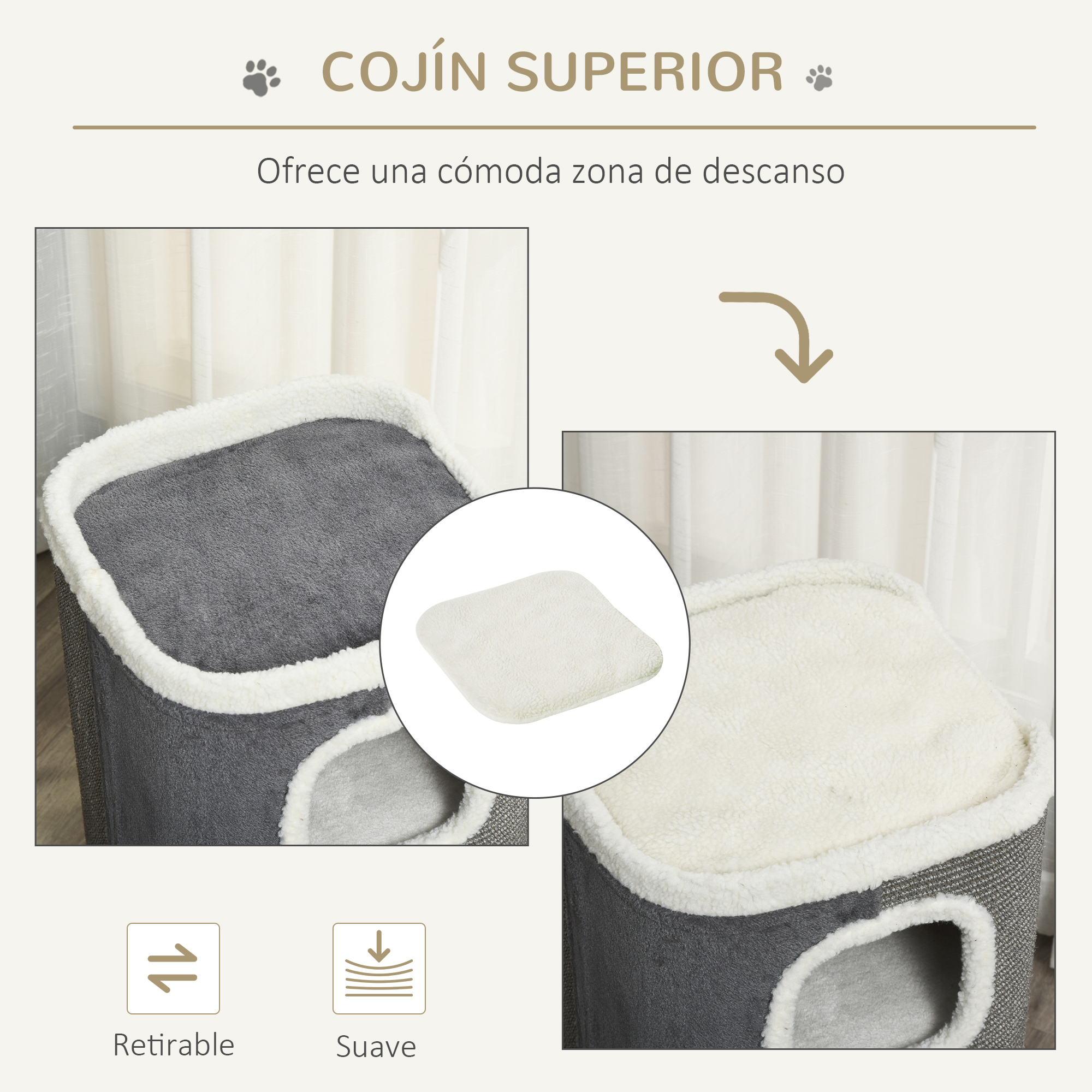 Detalle del árbol para gatos. Gris y beige. Cojín superior en un poste rascador. Para que los gatos se sienten y rasquen.