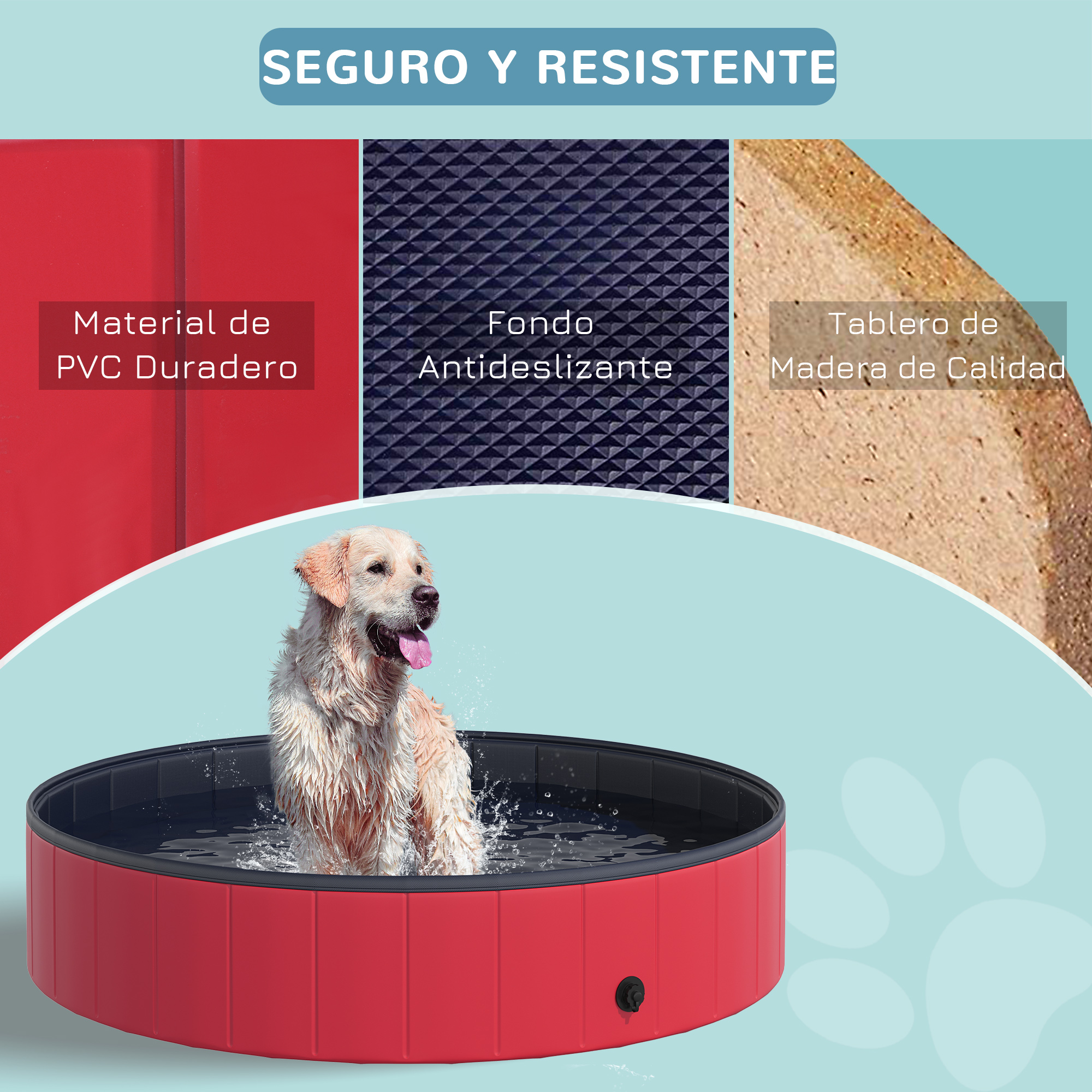 Un perro en una piscina roja, rodeado de texto sobre material de PVC y fondo antideslizante.