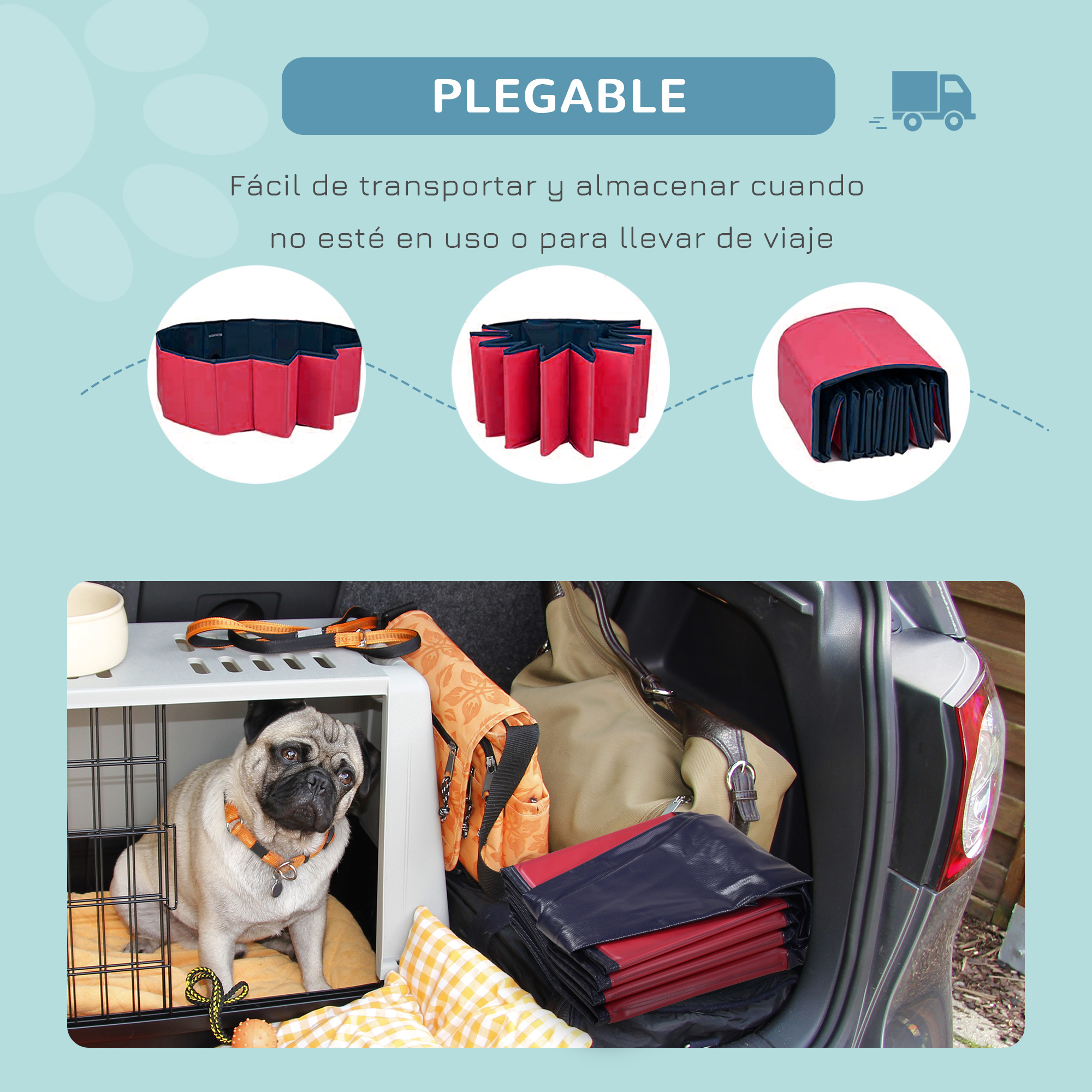 Transportín plegable para mascotas, mostrado plegado y en uso con un carlino dentro. Combinación de colores rojo y negro.