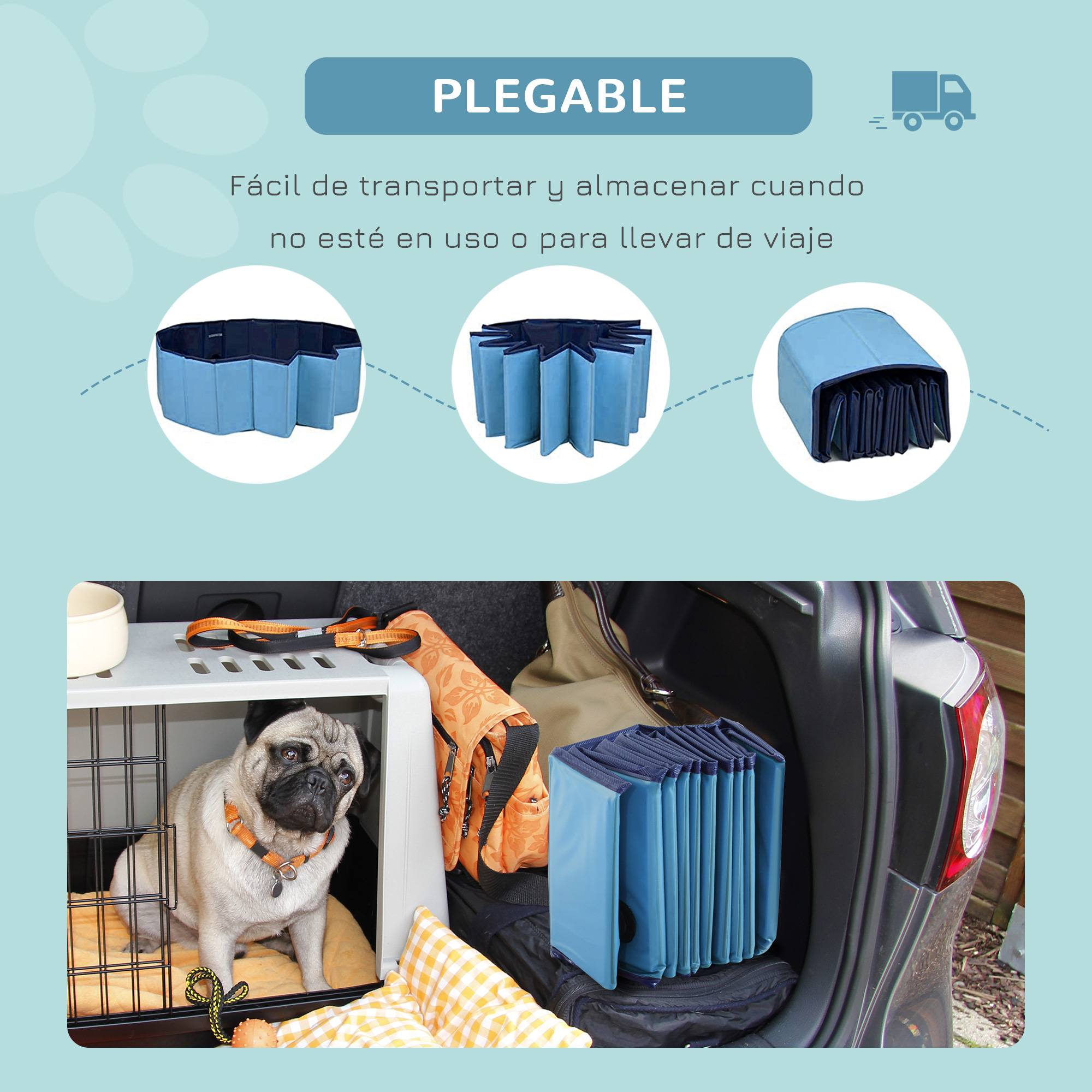 Transportín plegable para mascotas en el maletero de un coche. Incluye un perro y accesorios.