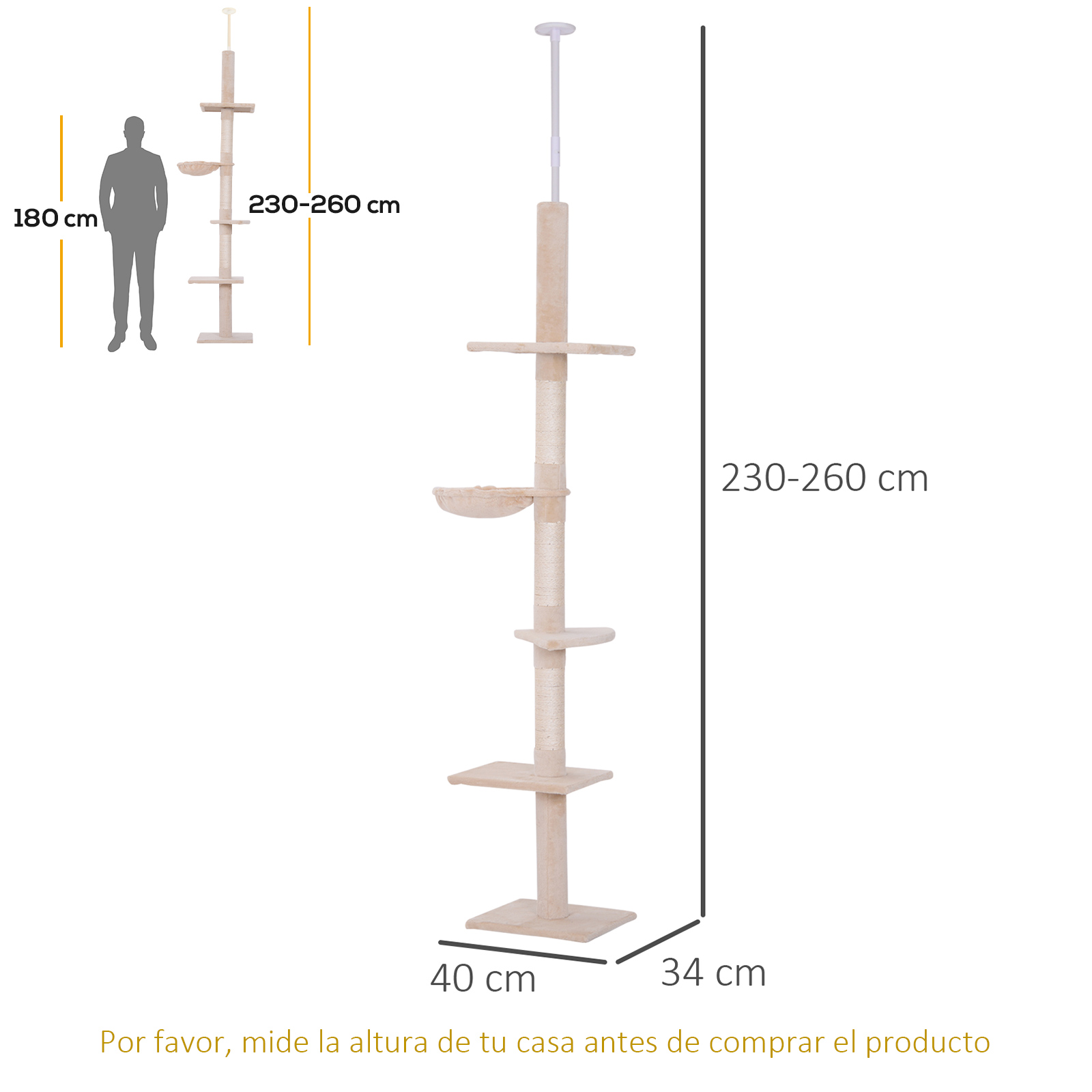 Árbol para gatos alto con múltiples plataformas. Incluye una hamaca y un rascador, color beige.