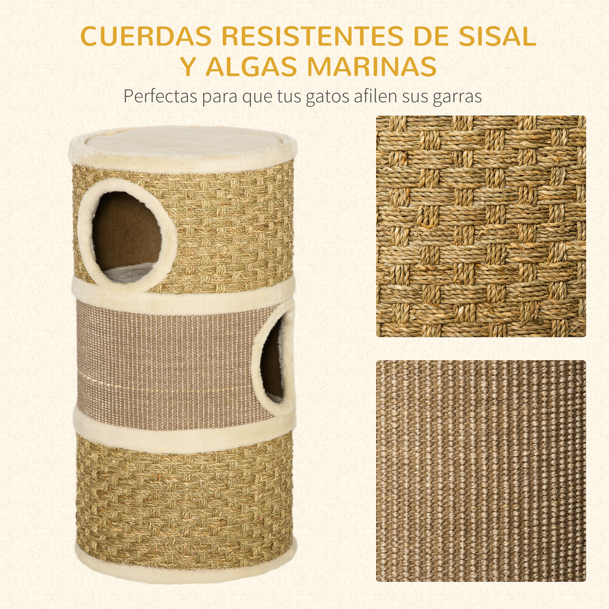 Rascador para gatos con sisal y algas marinas. Es marrón y beige. Hay primeros planos de los materiales.