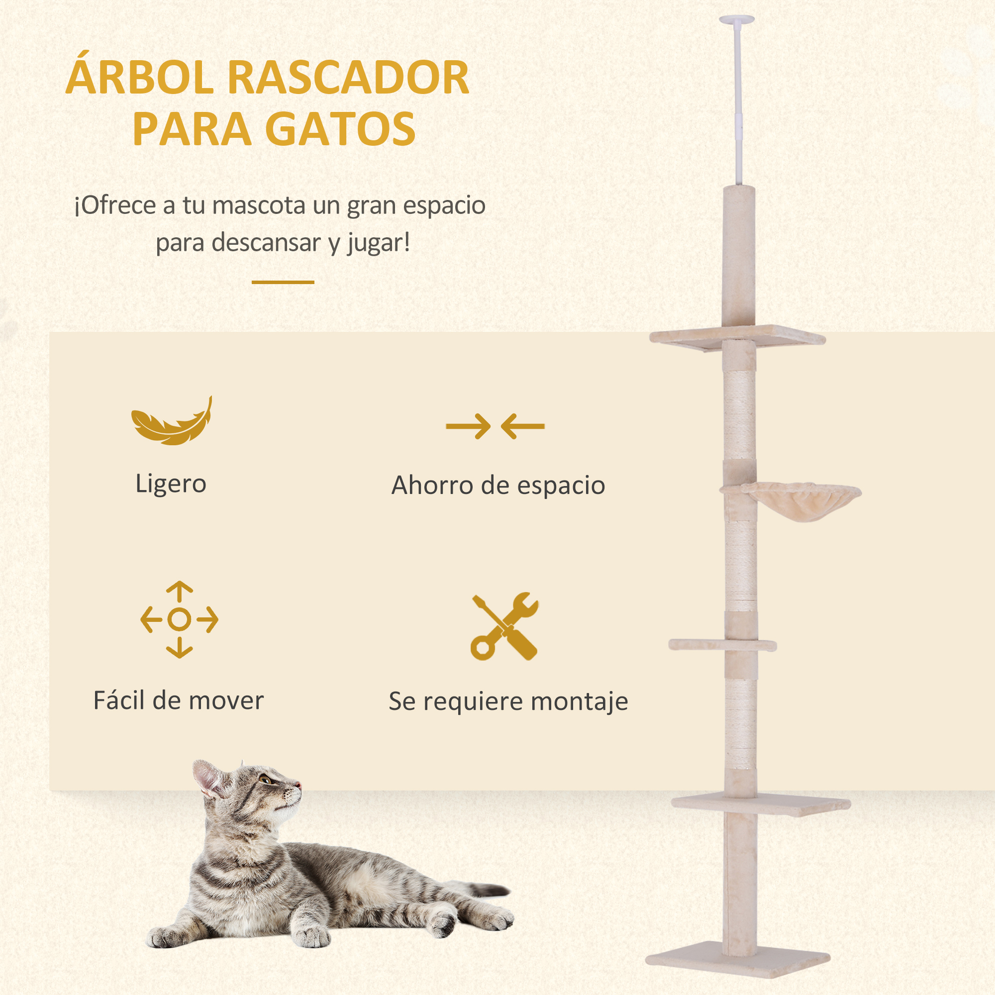 Árbol para gatos con múltiples niveles. Fácil de mover, ahorra espacio y es ligero.
