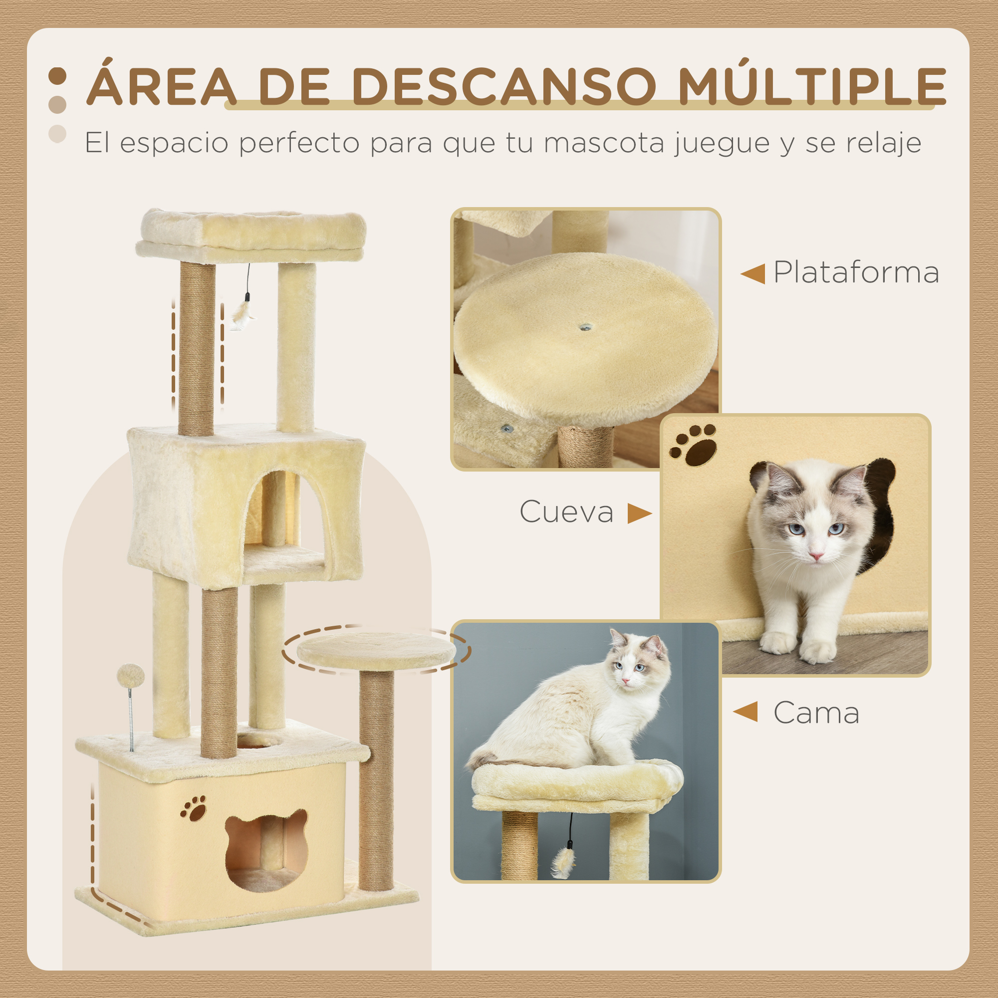 Un árbol para gatos con múltiples plataformas, una cueva y una cama, con un gato en cada área.