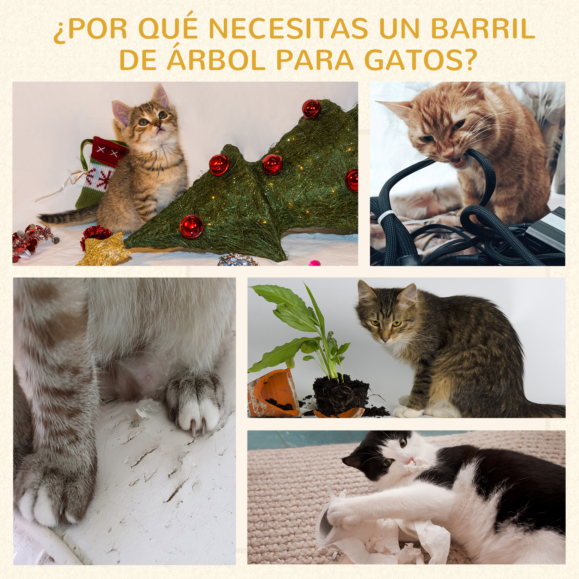 Collage de gatos interactuando con un árbol de Navidad, masticando un cable y jugando con objetos.