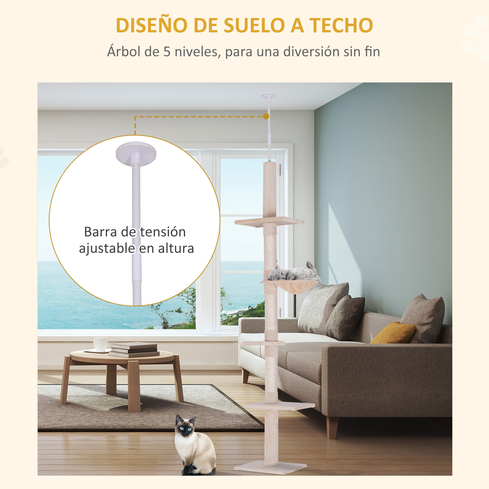 Un árbol para gatos con múltiples niveles que se extienden del suelo al techo, un gato descansa en él.