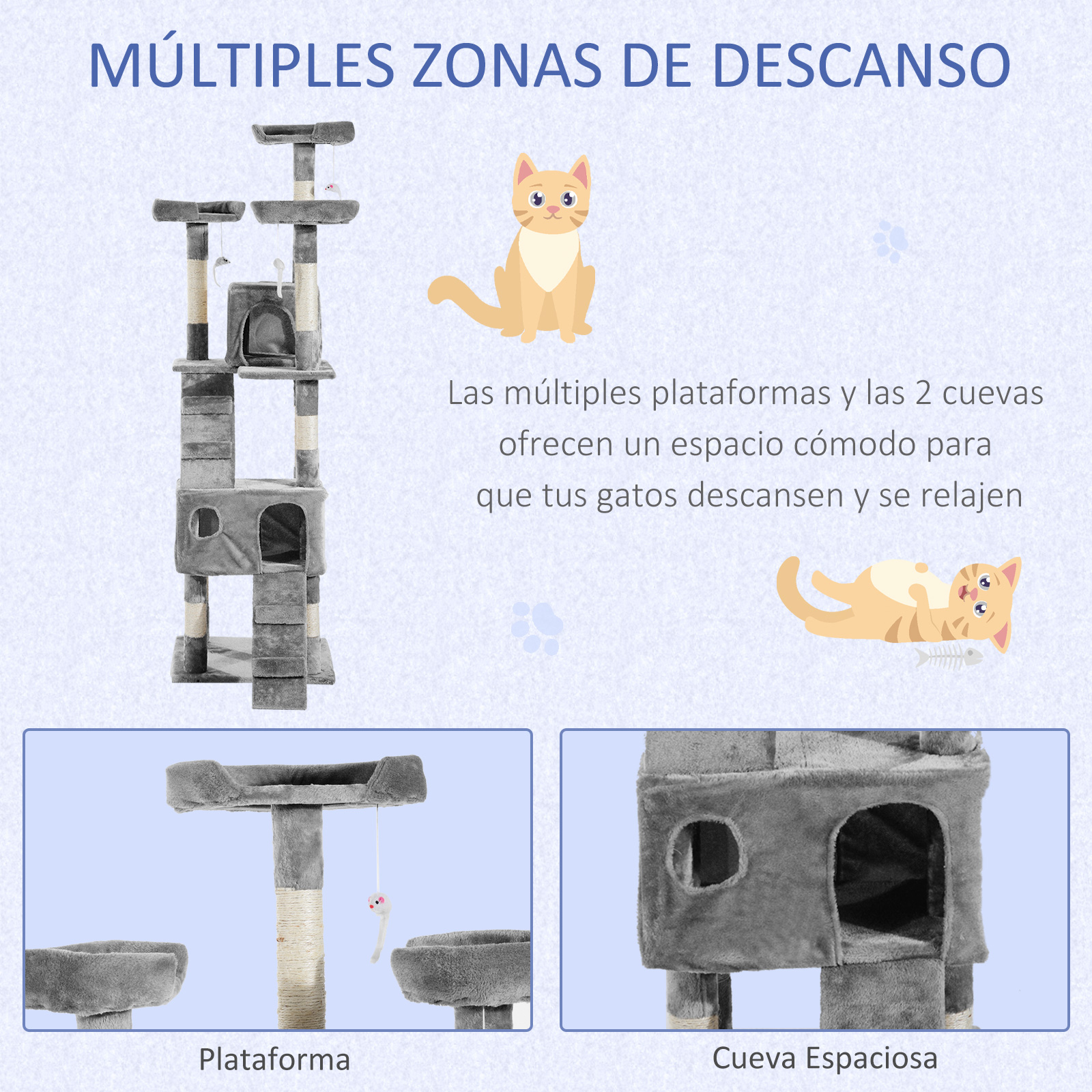 Árbol para gatos con múltiples plataformas y dos cuevas. La imagen incluye un gato en el árbol y un gato relajándose en el suelo.