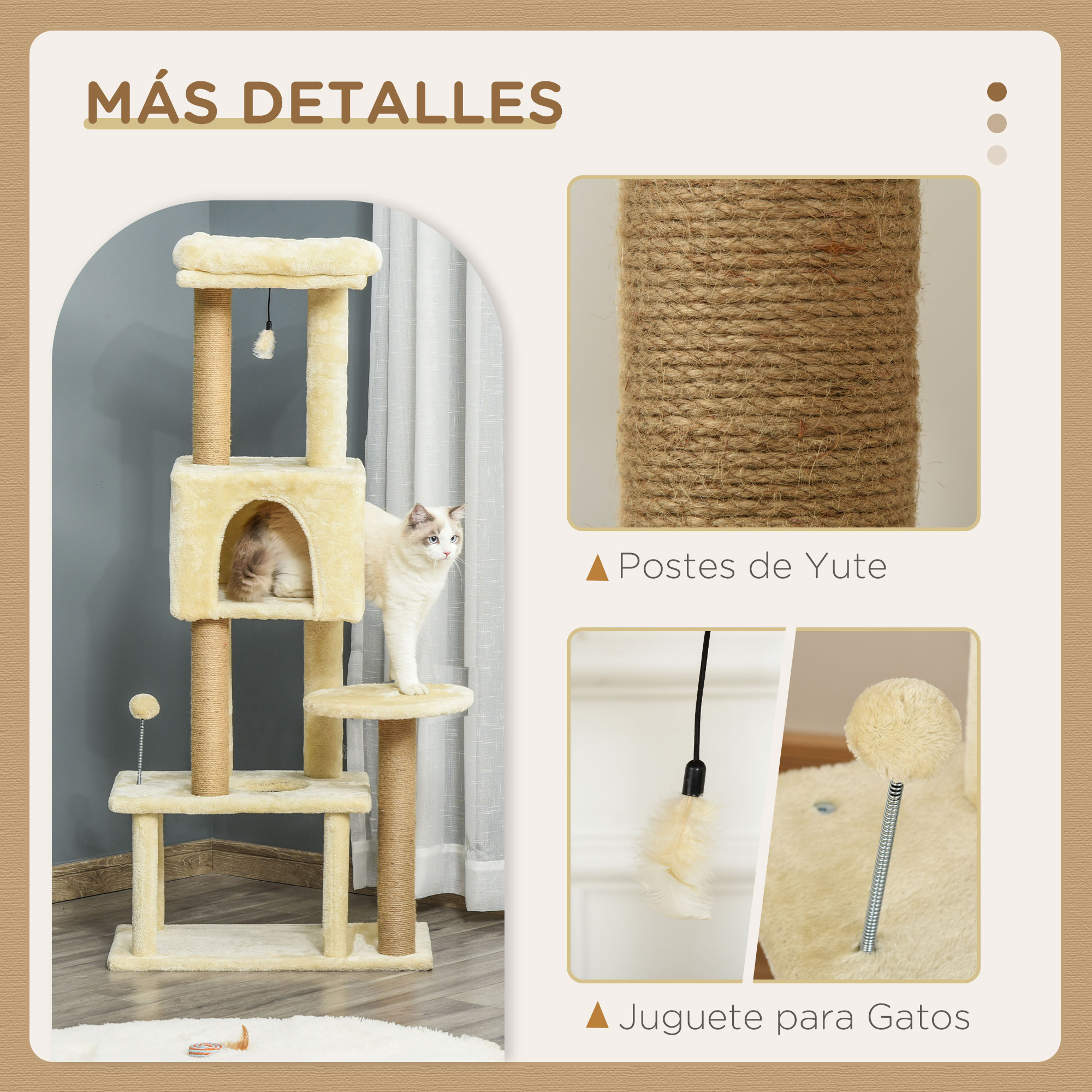 Un árbol para gatos beige con un gato dentro de un cubículo y un gato en una plataforma. Se muestran postes de yute y juguetes.