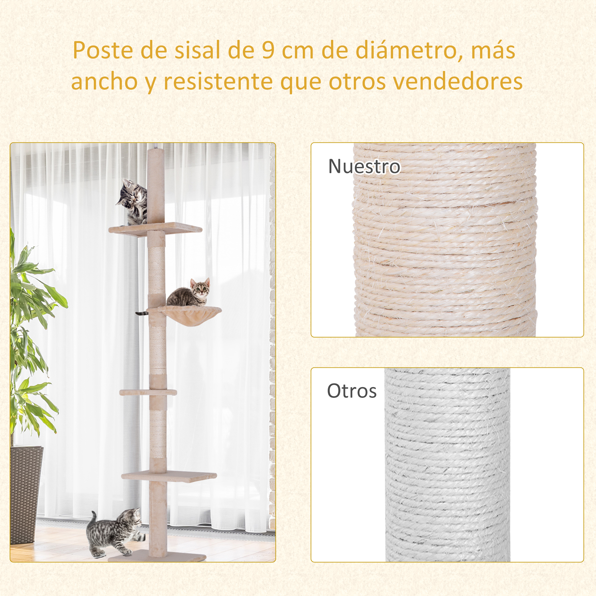 Una imagen de un árbol para gatos con un gatito jugando en él y un primer plano del poste rascador y la cuerda de sisal.
