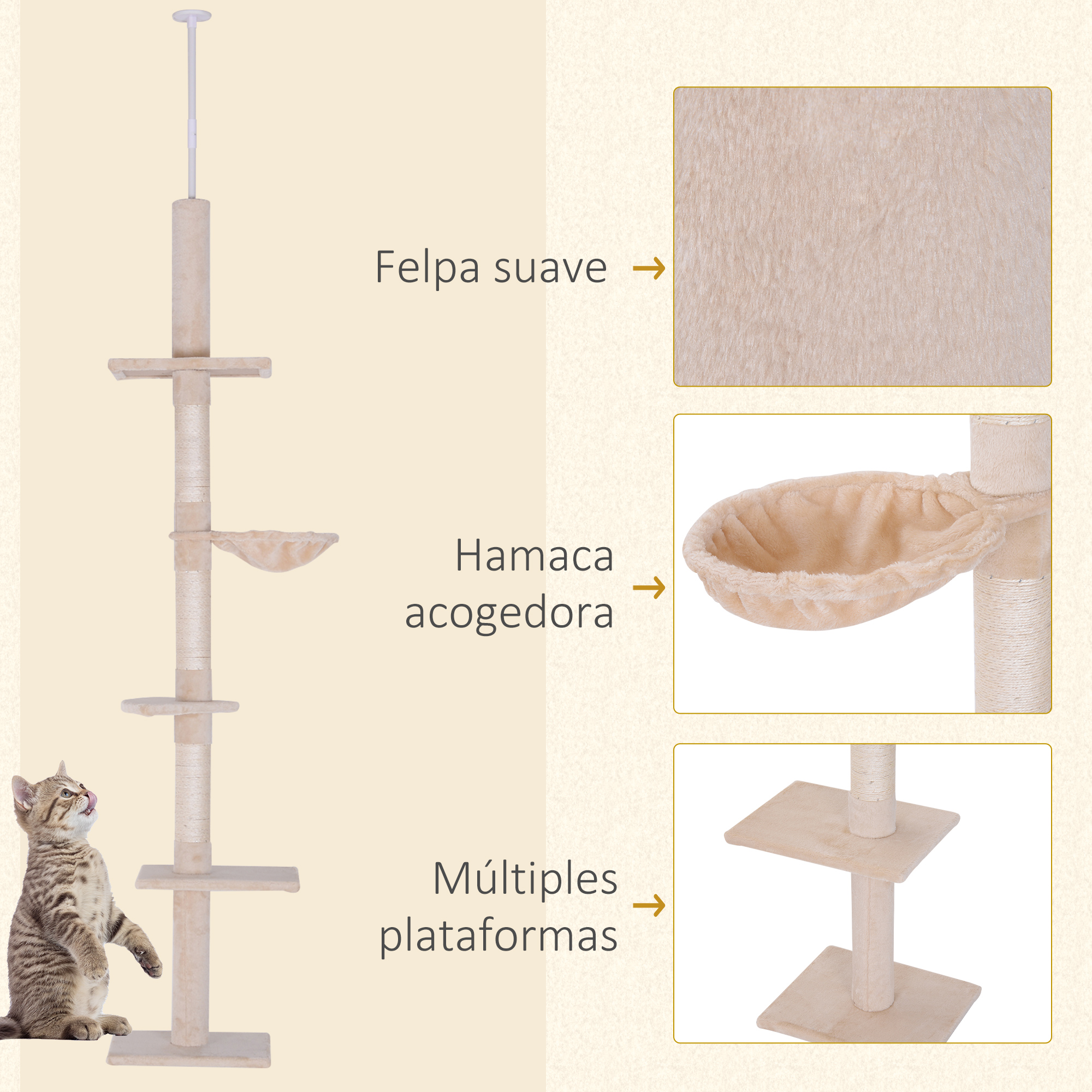 Árbol para gatos beige con tela suave, hamaca acogedora y múltiples plataformas.