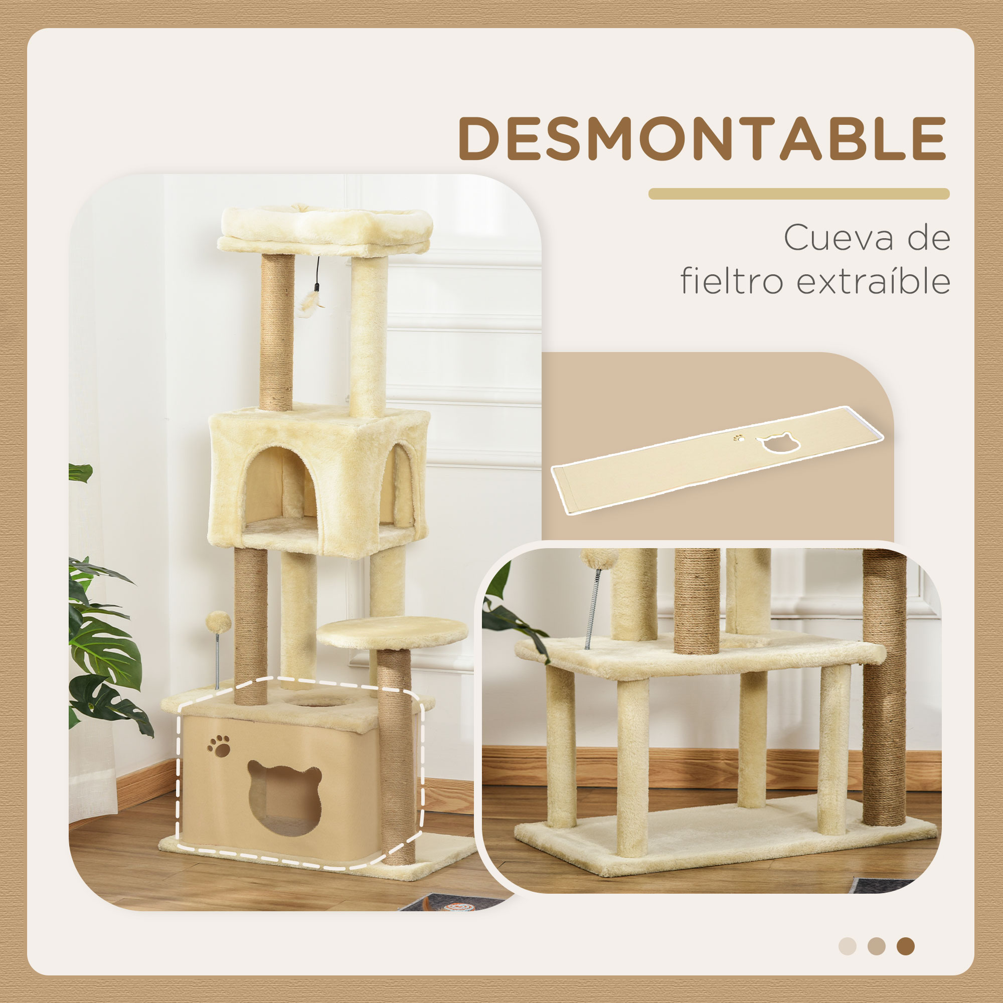 Un árbol para gatos beige con cueva de fieltro extraíble. La imagen muestra el árbol para gatos desmontado.