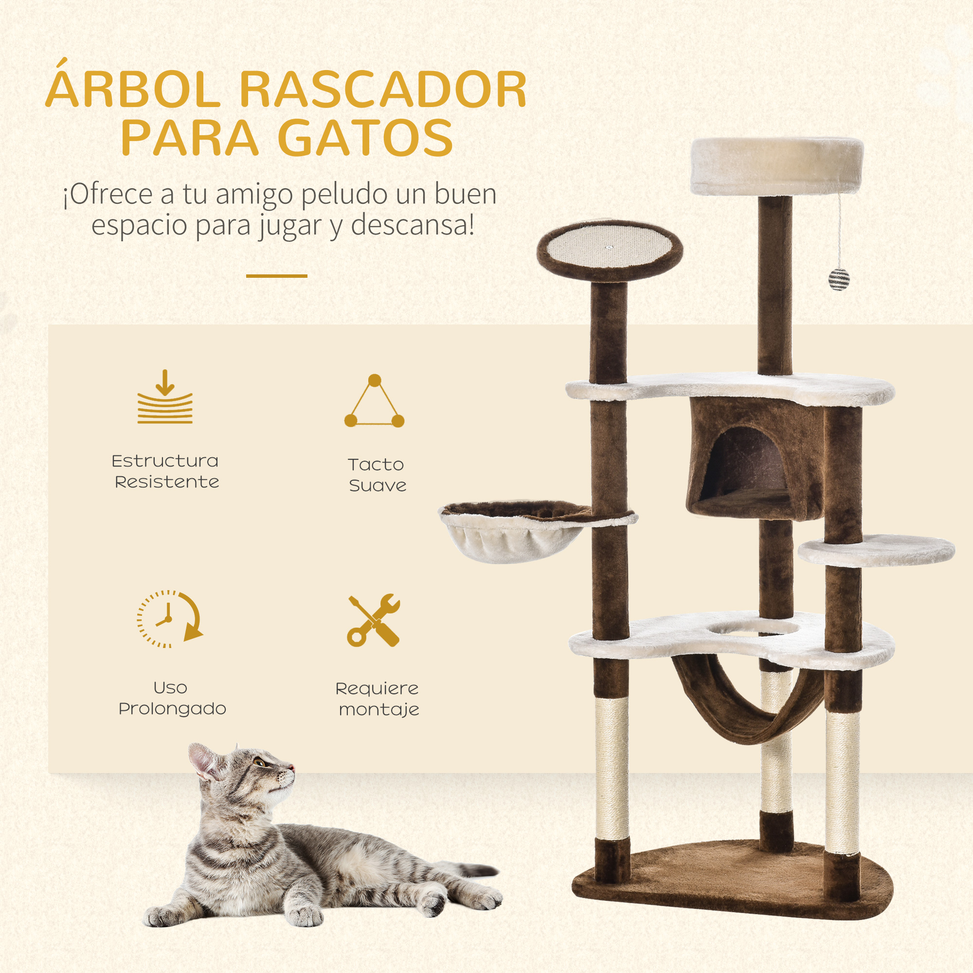 Árbol para gatos. Tonos marrón y beige. Tiene múltiples plataformas, una hamaca y un lugar de descanso.