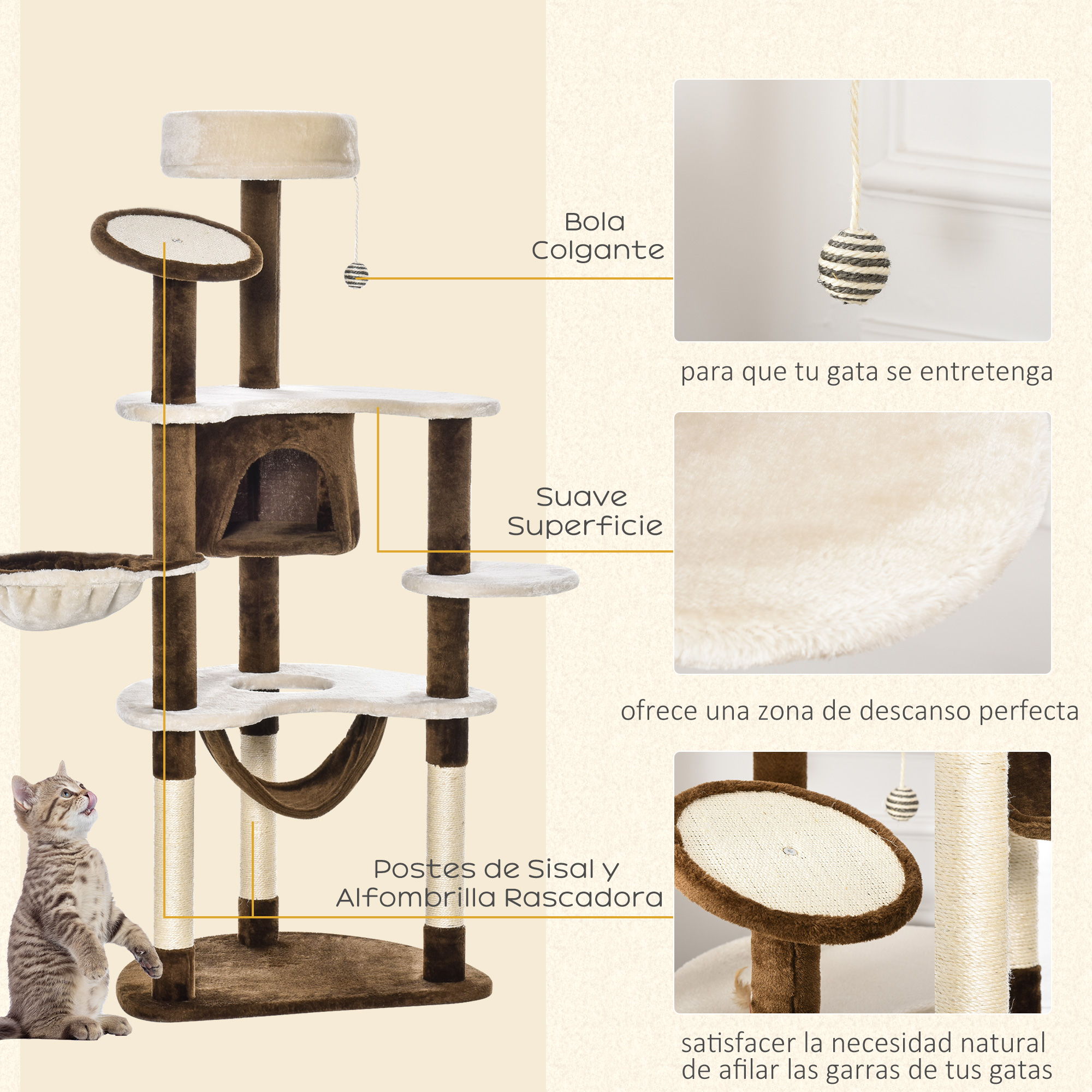 Un rascador para gatos con plataformas, una casa y una bola colgante.
