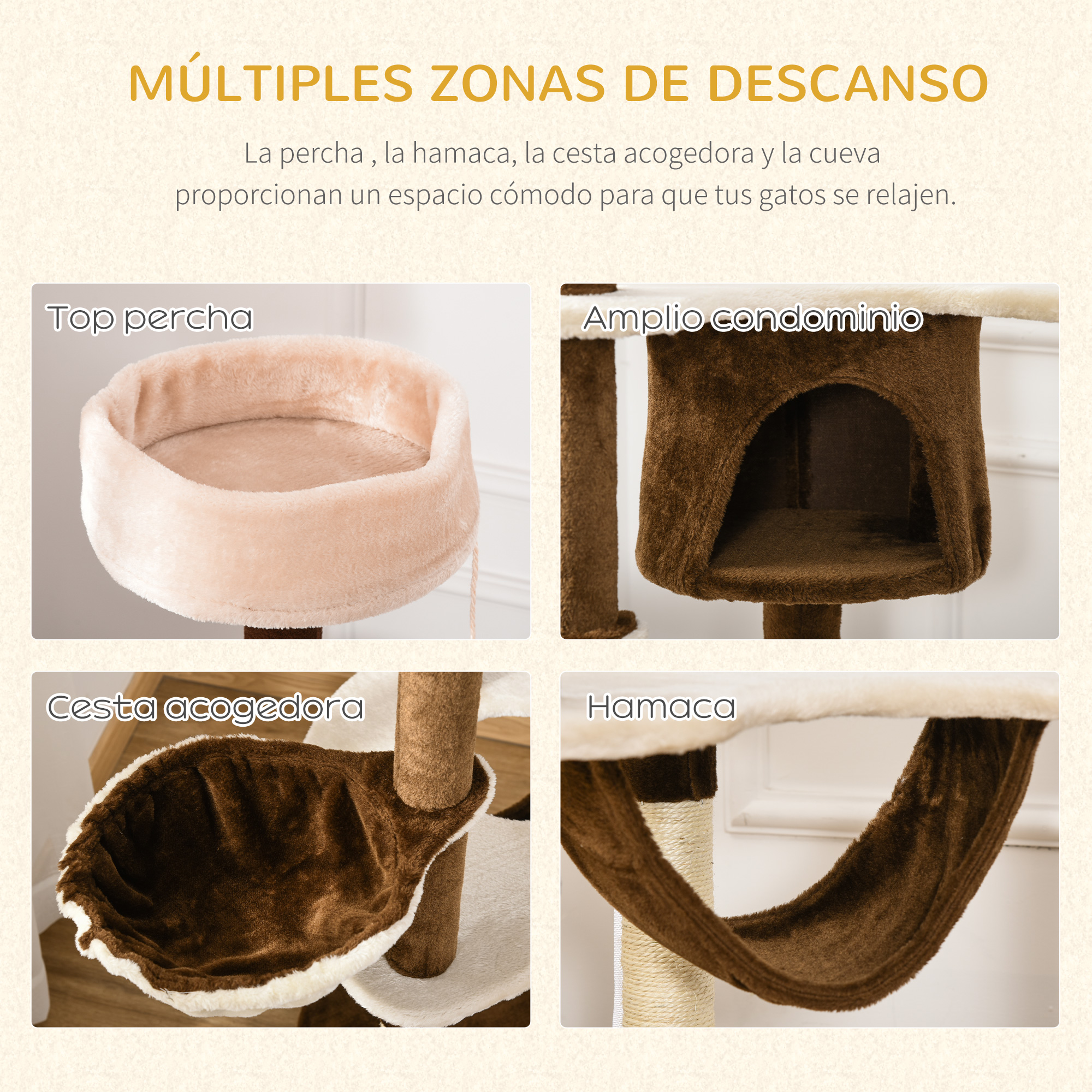 Un árbol para gatos con diferentes niveles para descansar. Incluye percha superior, condominio, cesta acogedora y hamaca.