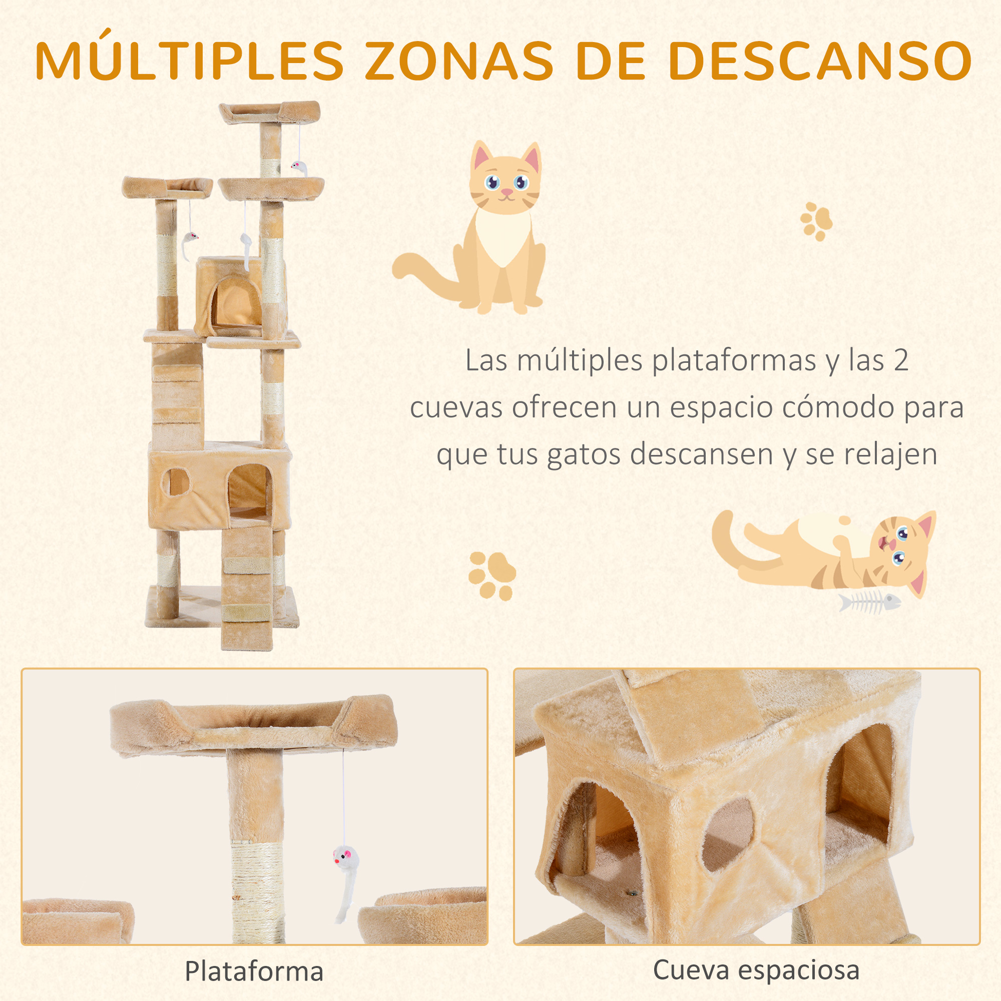 Árbol para gatos con múltiples plataformas y cuevas, con un gráfico de gato y texto en español.