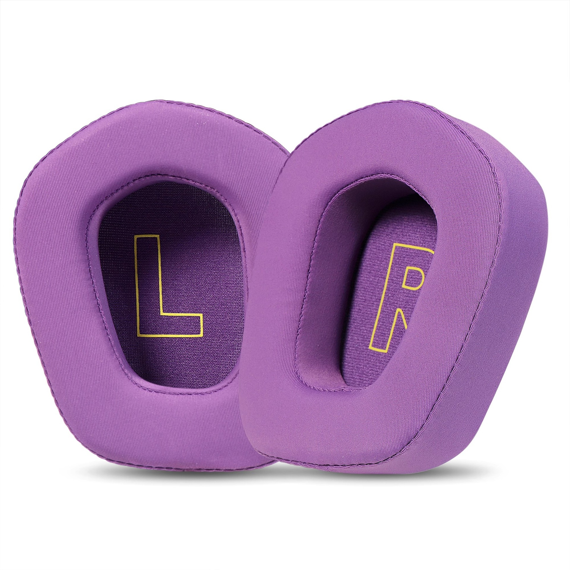 Cuscinetti auricolari viola per cuffie. 'L' e 'R' stampate all'interno.