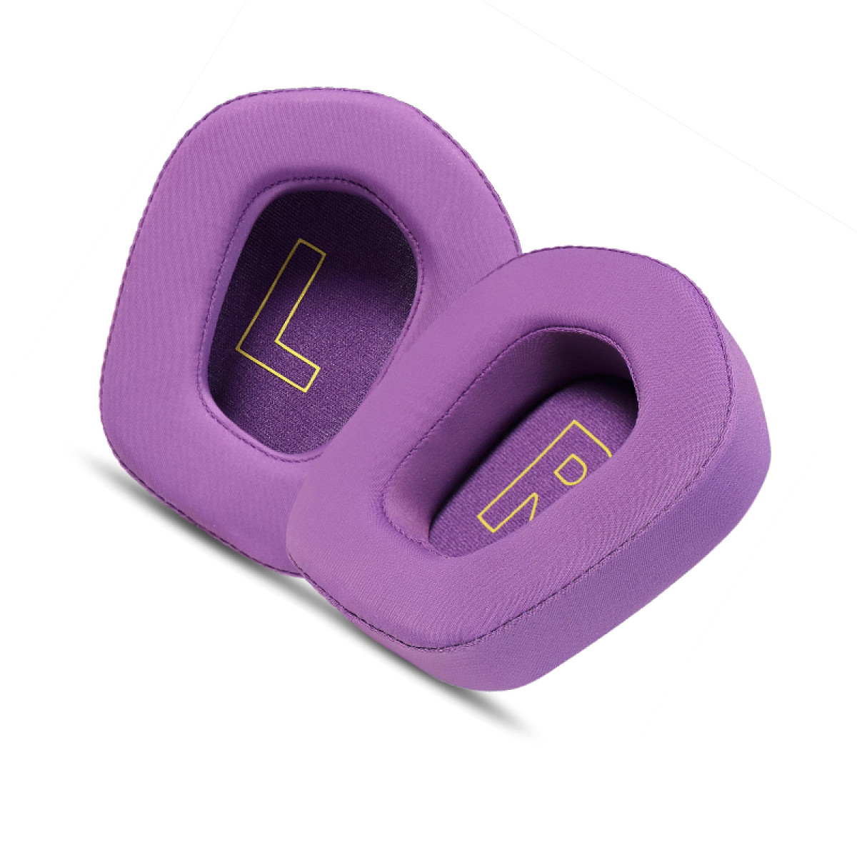 Cuscinetti auricolari viola con lettere gialle 'L' e 'R', per cuffie, su una superficie bianca.