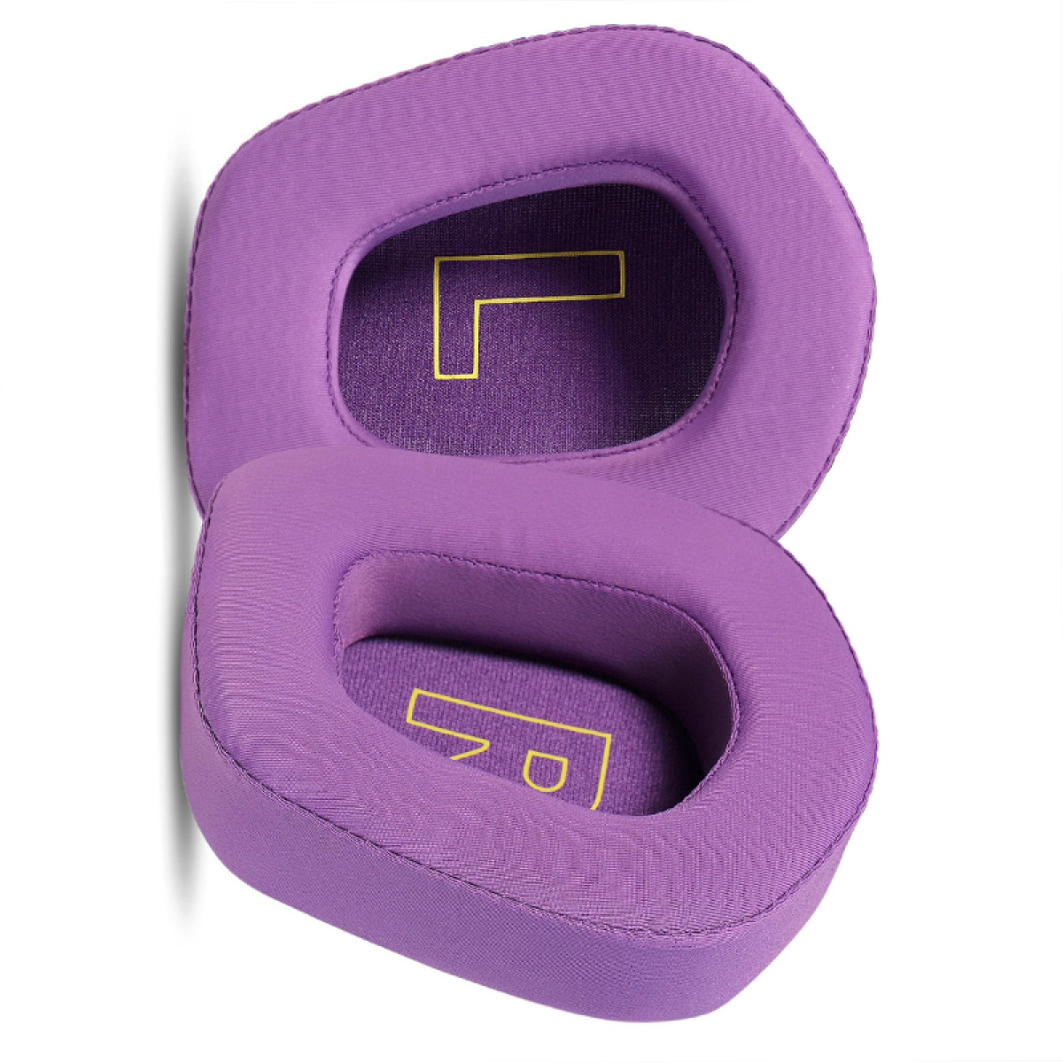 Due cuscinetti auricolari viola con marcature gialle 'L' e 'R'. Sfondo bianco.