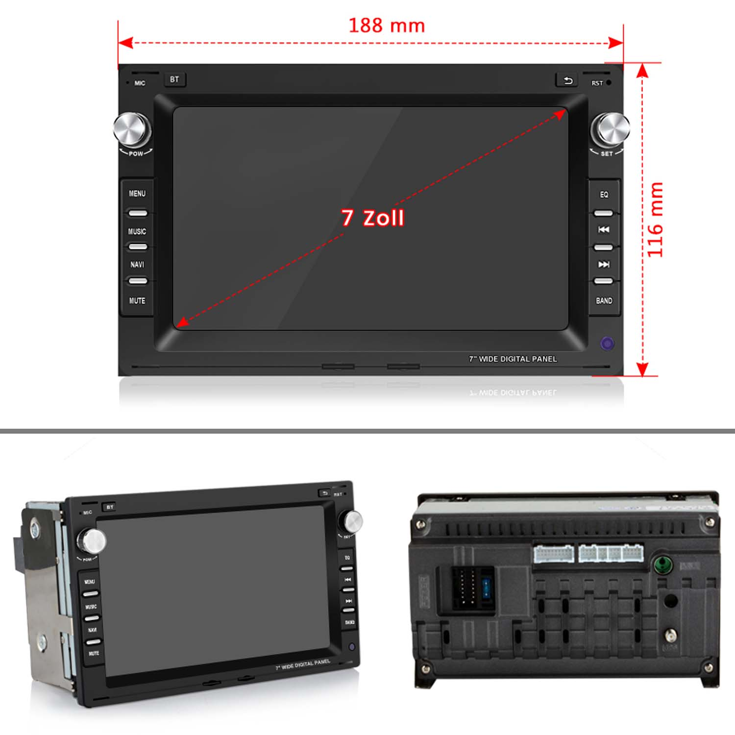 Lettore multimediale per auto con schermo da 7 pollici. Include pulsanti e porte. Diverse angolazioni con dimensioni.