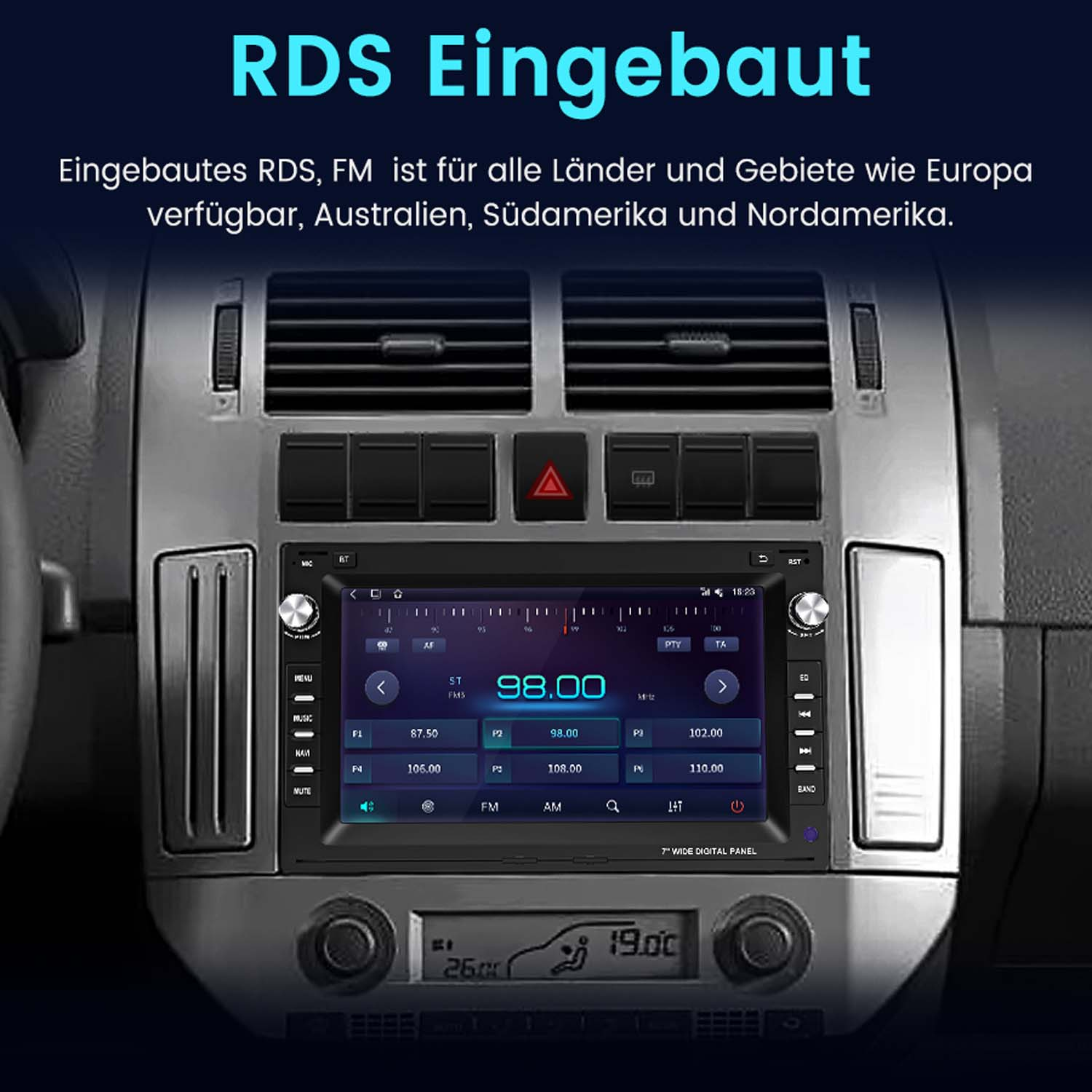 Autoradio con display digitale che mostra una stazione radio e pulsanti. Testo RDS Eingebaut.