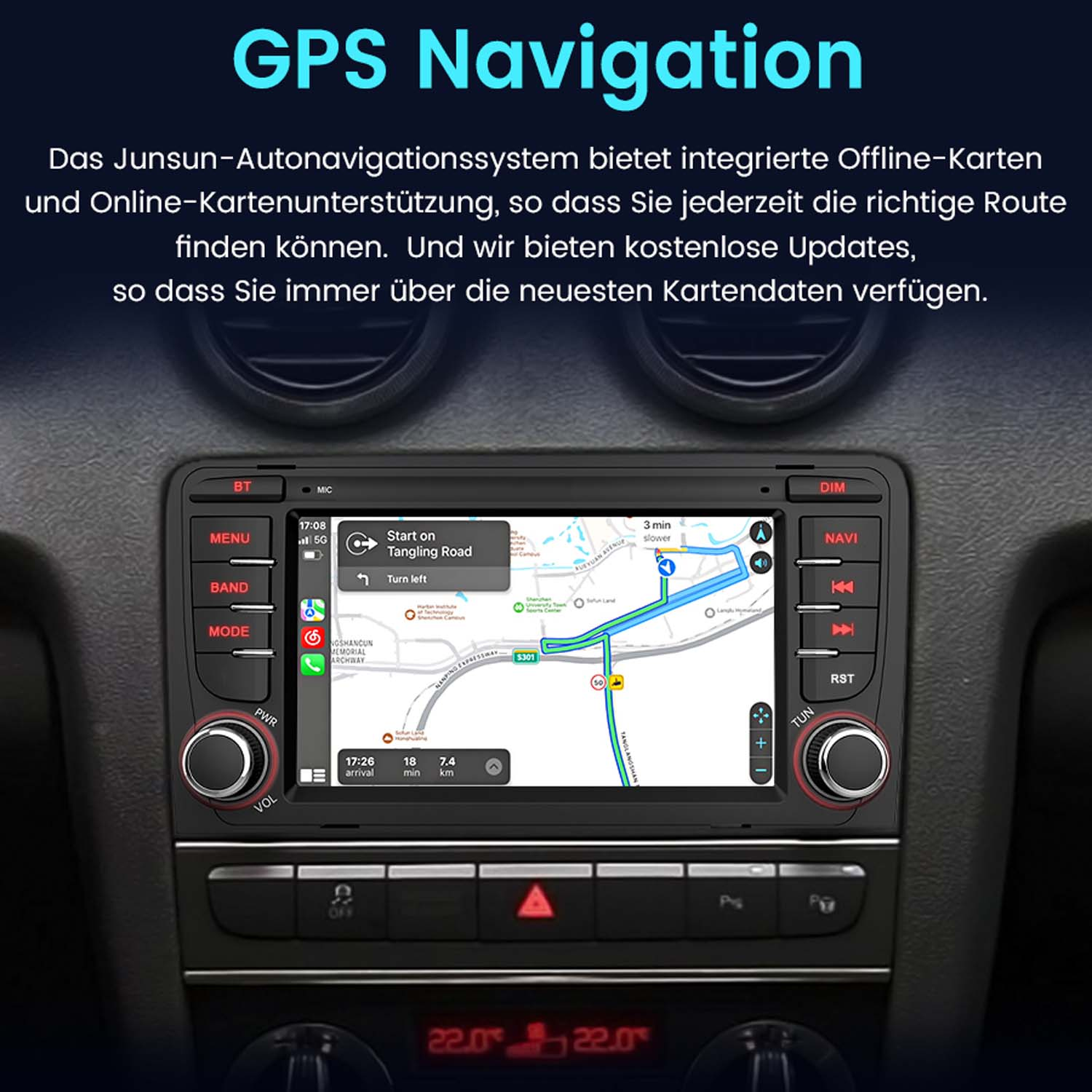 Auto-Armaturenbrett mit GPS-Navigation. Der Bildschirm zeigt eine Karte mit Route, Zeit und anderen Details.