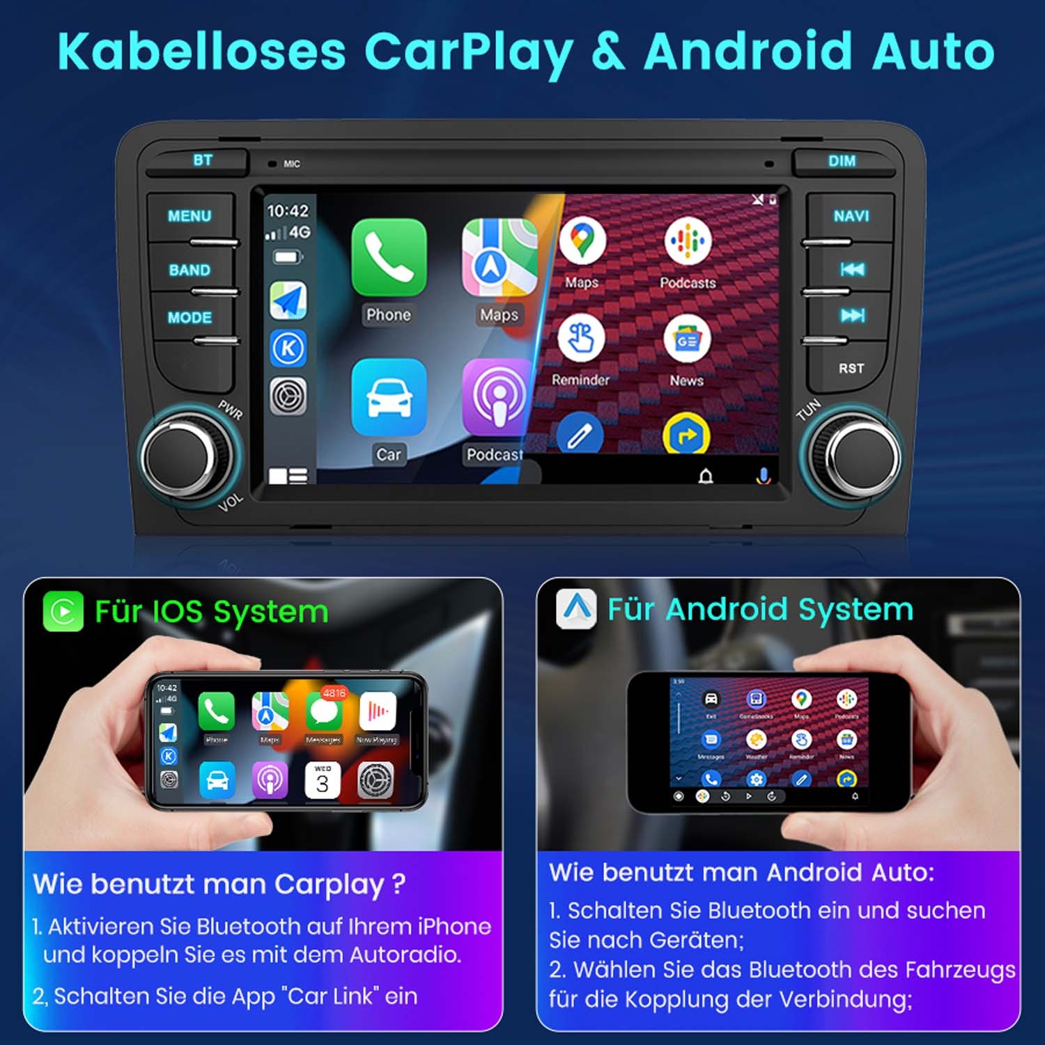 Autoradio mit Bildschirm mit App-Symbolen und zwei Telefonen, die den Bildschirm spiegeln. Text: Wireless CarPlay & Android Auto.