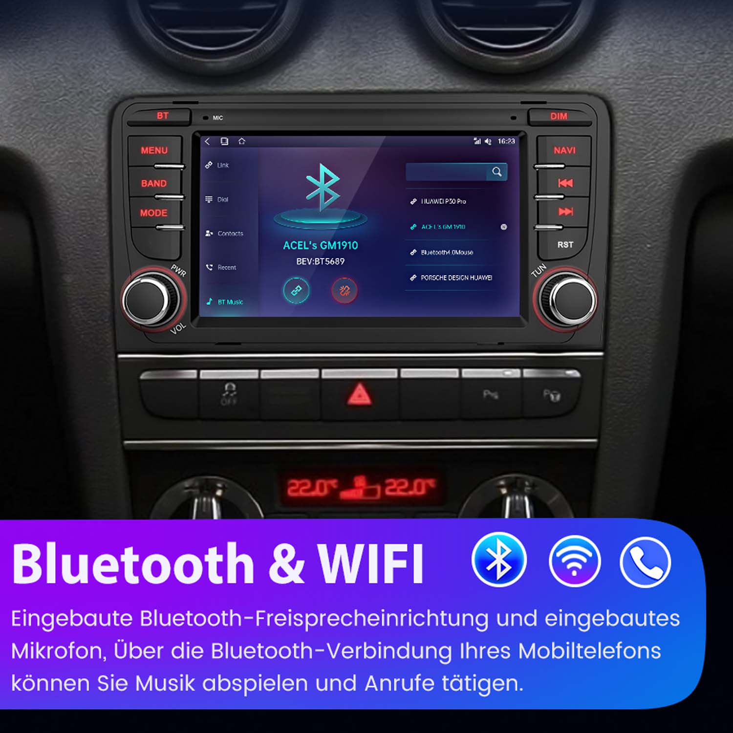 Autoradio-Schnittstelle mit Bildschirm, der Bluetooth zeigt, und einem Auto-Innenraum mit mehreren Funktionstasten.