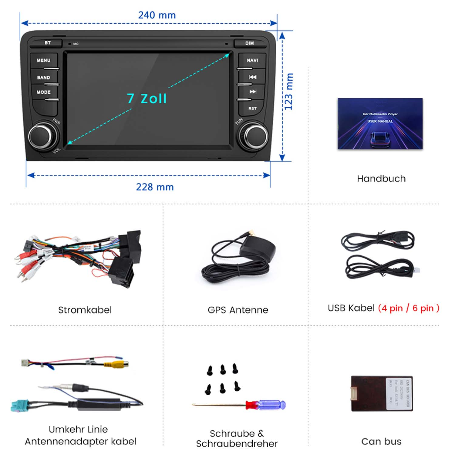 Auto-Multimedia-Player mit Abmessungen. Enth ält Kabel, Handbuch und Werkzeuge. Schwarz und Silber.