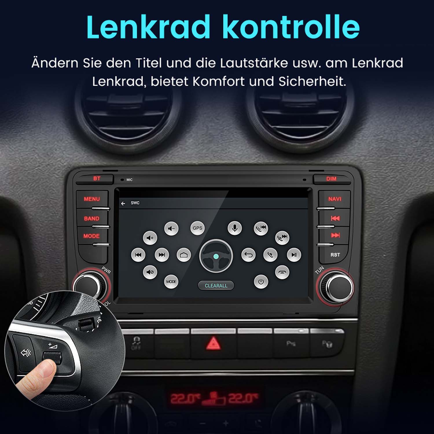 Autodisplay mit Bildschirm, Tasten und Lenkradsteuerung. Text auf Deutsch.