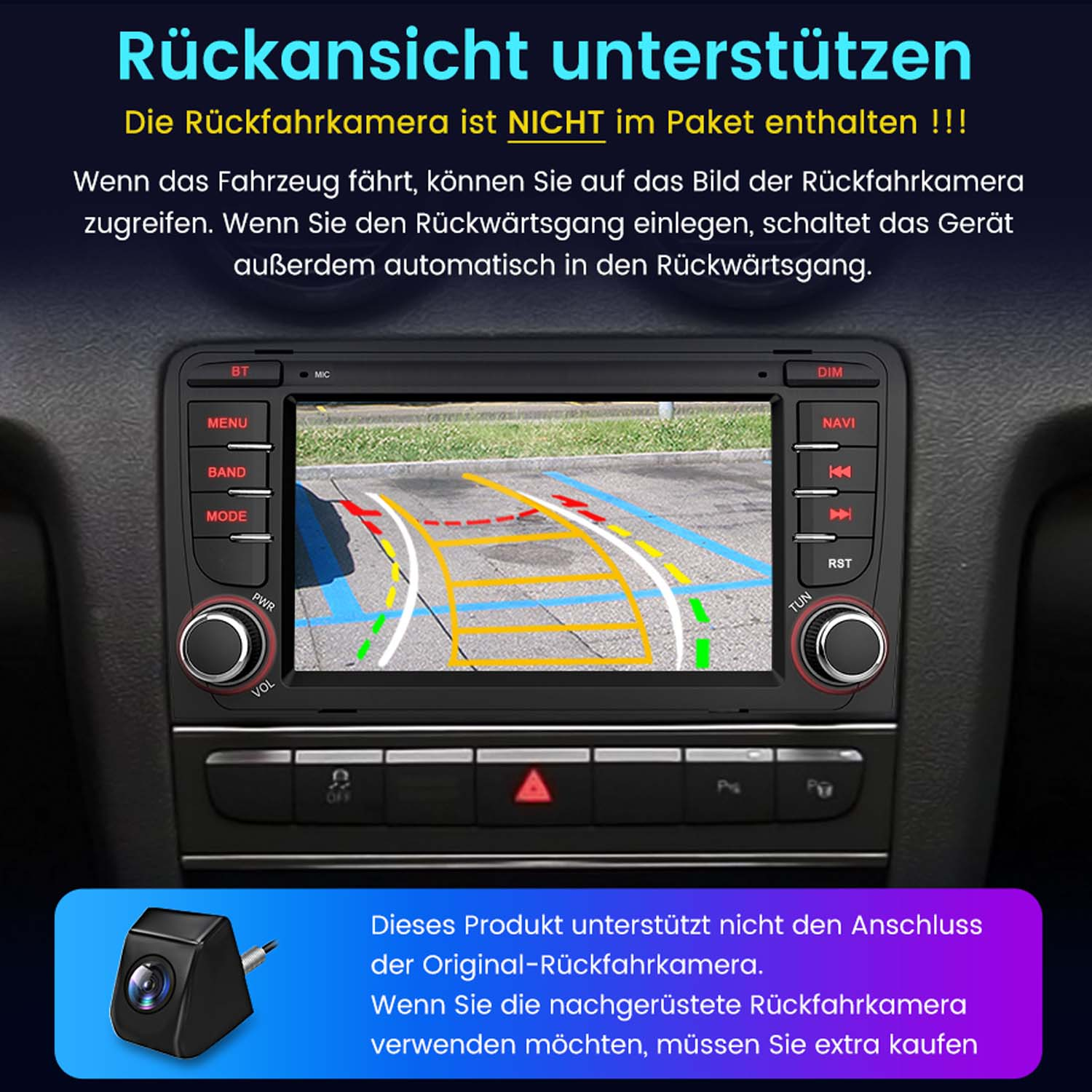 Autoradio mit Bildschirm, der eine Navigationskarte zeigt. Schwarze Knöpfe und Drehregler.