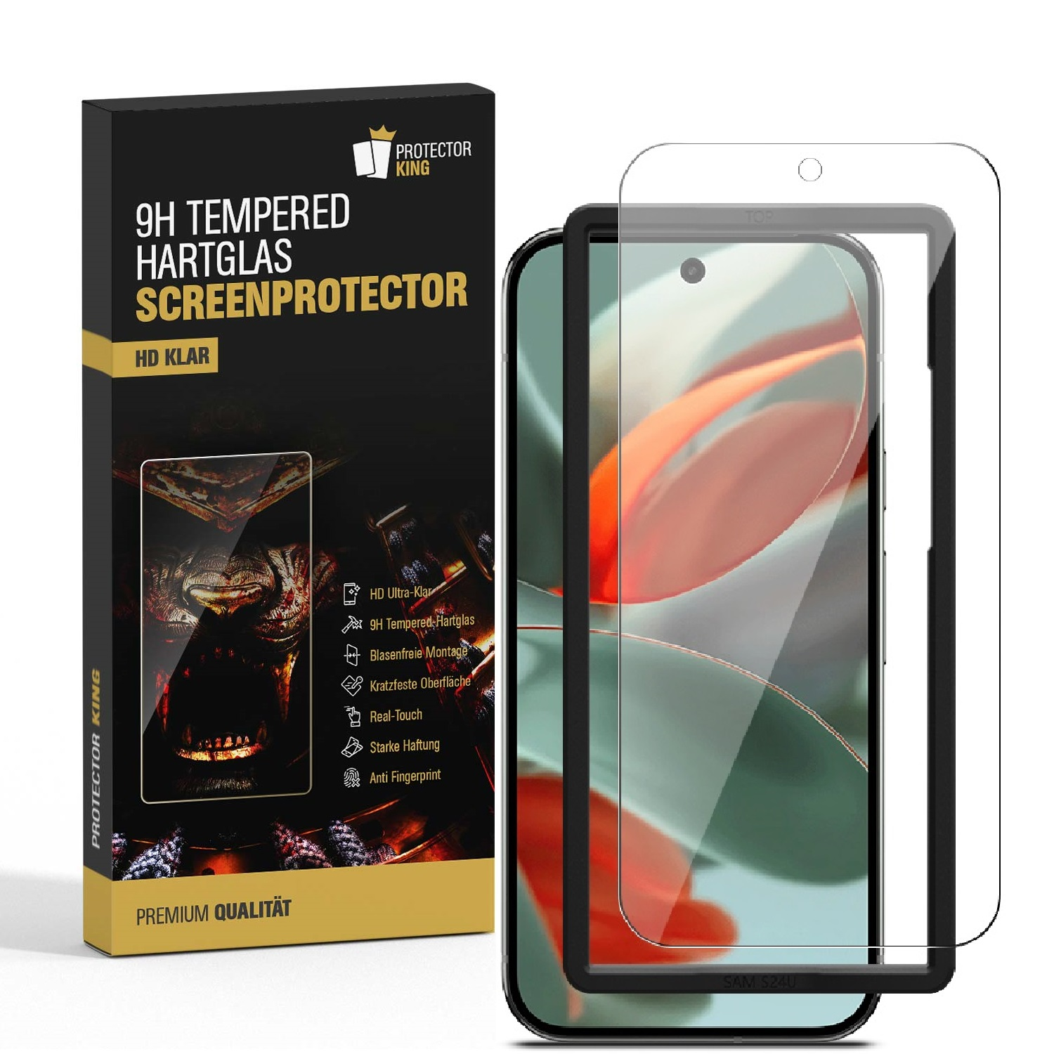 Displayschutzfolie für ein Telefon und seine Verpackung. Die Verpackung sagt 9H gehärtetes Glas.