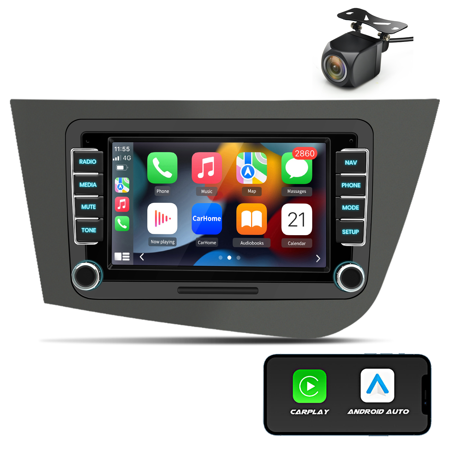 Ekran multimedialny samochodu z carplay/android auto i kamerą cofania.