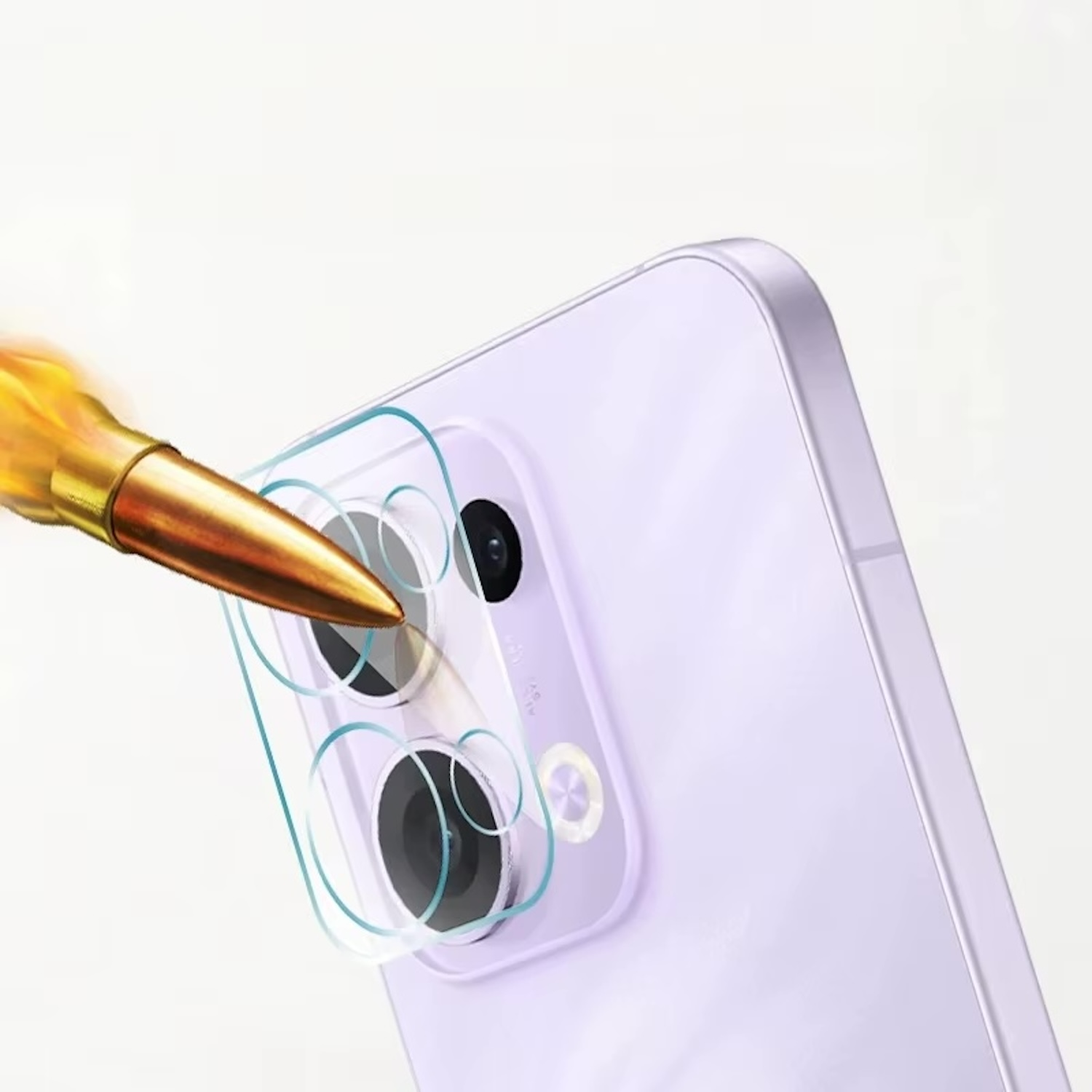 Un proteggi obiettivo della fotocamera del telefono con un proiettile che gli spara contro. Il telefono è viola.