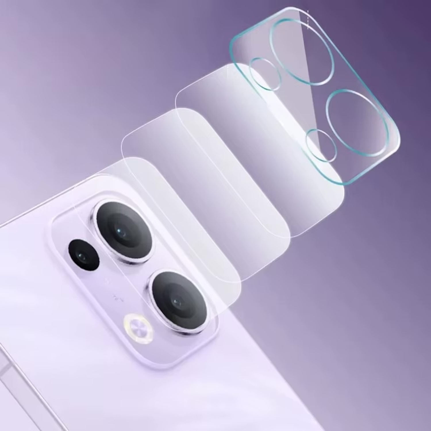 Telefono con protezioni fotocamera. Telefono viola, protezioni trasparenti. Strati di protezione.