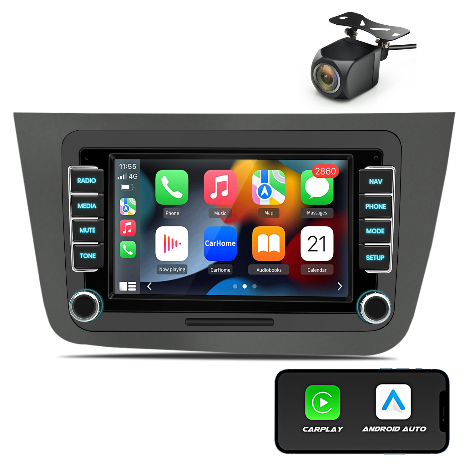 Radio samochodowe z ekranem dotykowym. Wyświetla ikony aplikacji dla telefonu, muzyki i map. CarPlay i Android Auto.