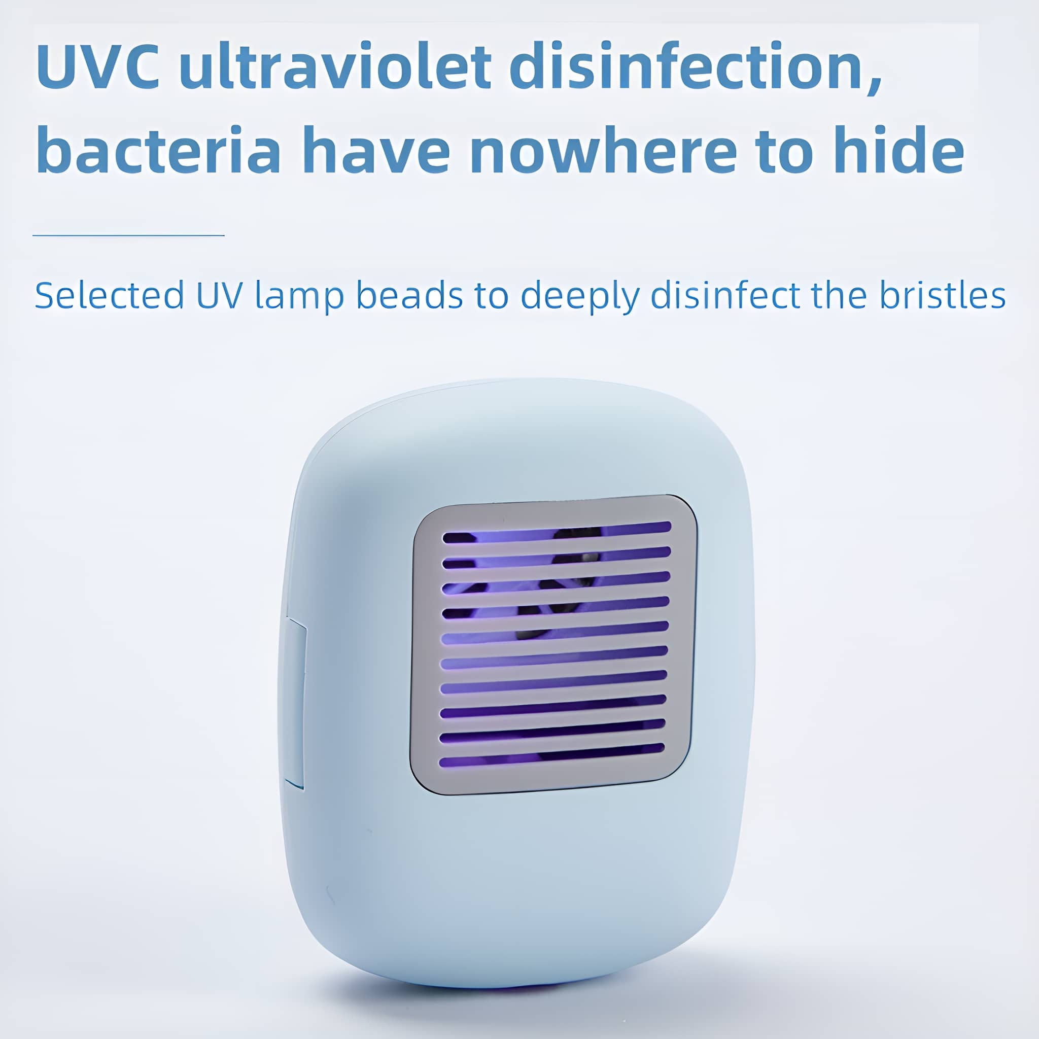 Ein hellblaues Gerät mit einem Gitter und Text über UVC-Desinfektion zur Abtötung von Bakterien.