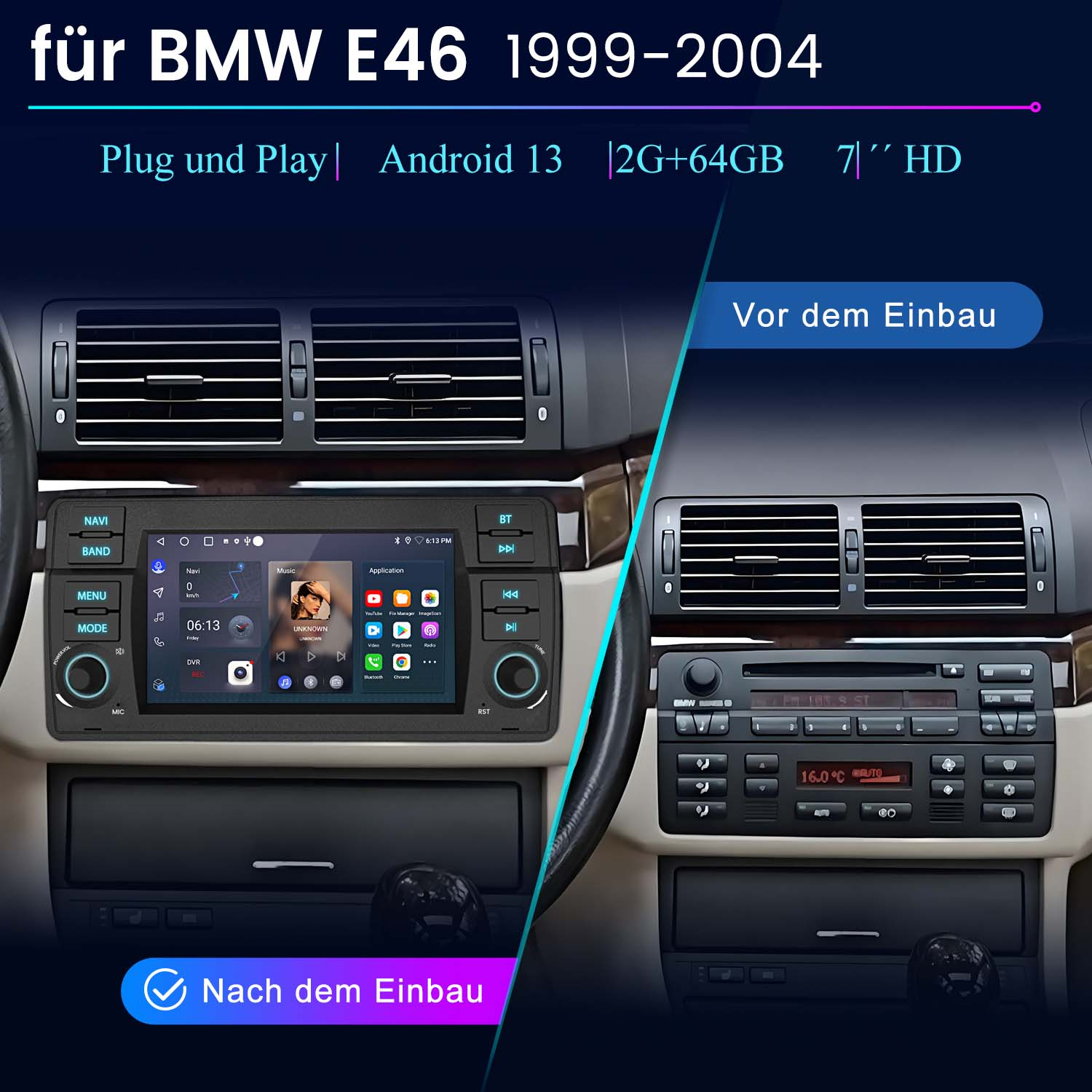 Autoradio-Bildschirm, der eine Benutzeroberfläche anzeigt. Das Bild ist in Vorher- und Nachher-Installation unterteilt.