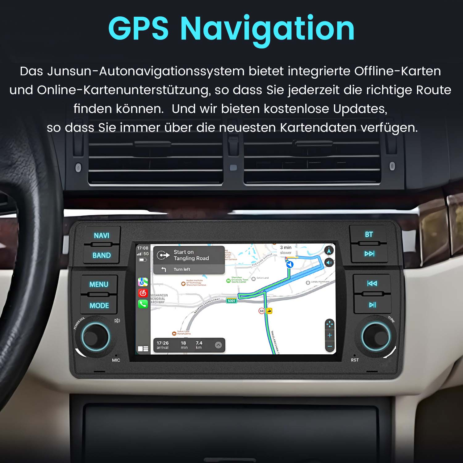 Auto-Navigationssystem-Bildschirm, der eine Karte und Wegbeschreibungen anzeigt.