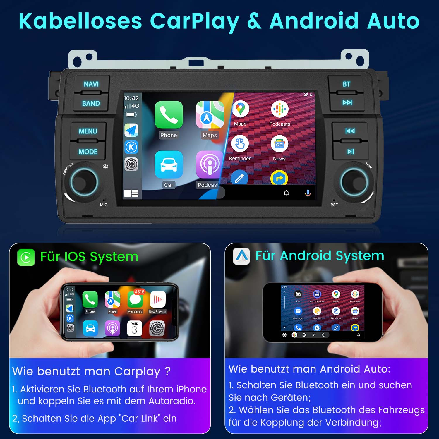 Autoradio-Bildschirm, der Apps anzeigt. Darunter zeigen Bilder Telefonbildschirme, beschriftet mit 'CarPlay' und 'Android Auto'.