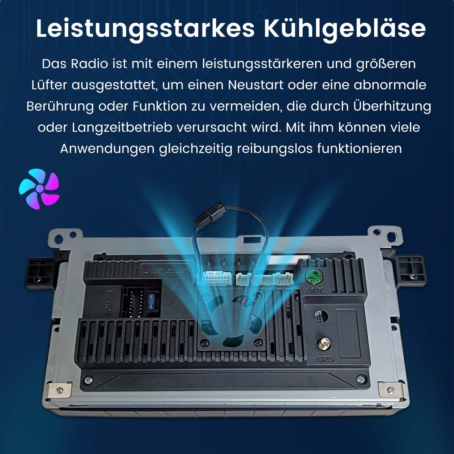 Radiogerät mit Lüfter und Text. Schwarz-Silber-Design, blaues Licht.
