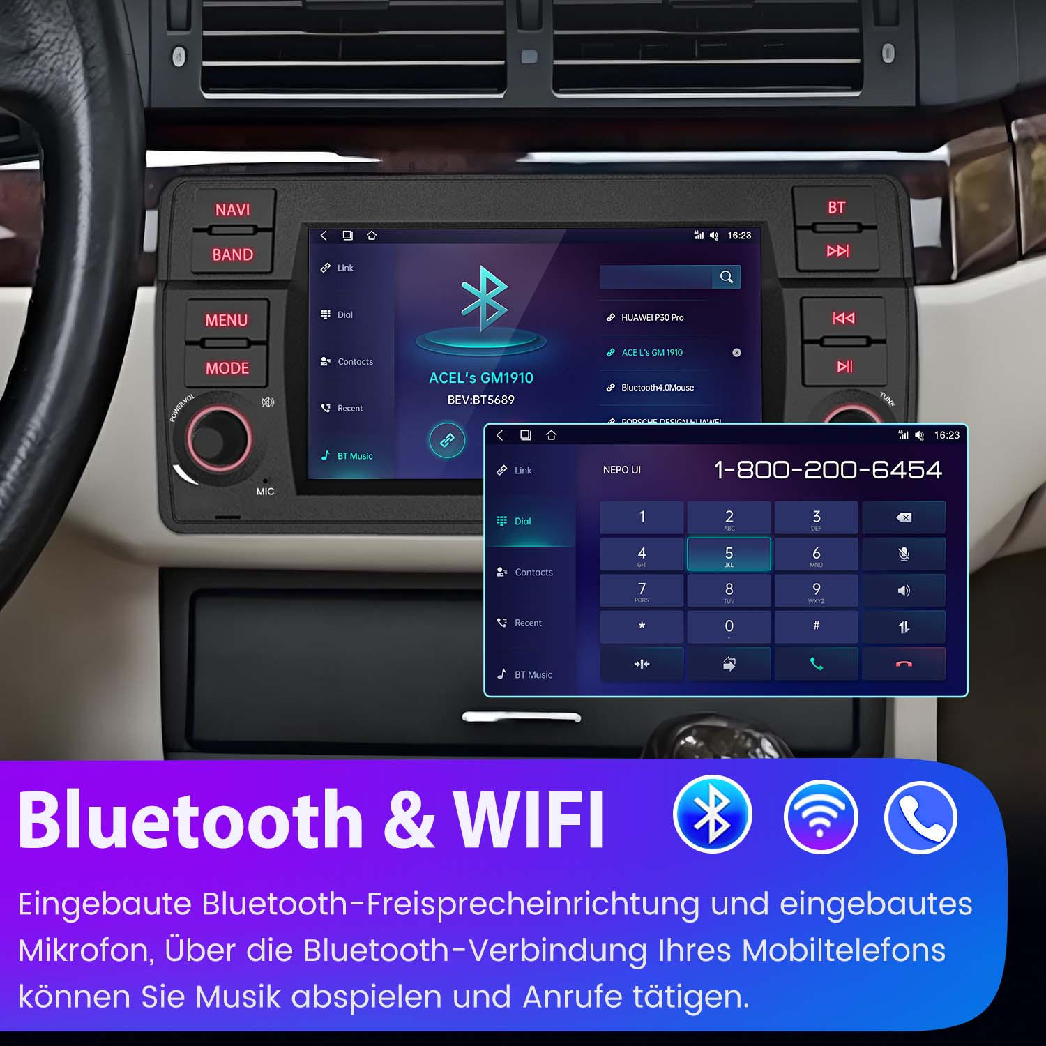 Armaturenbrett des Autos, das eine Bluetooth- und WLAN-fähige Anzeige mit Wähltastatur zeigt.