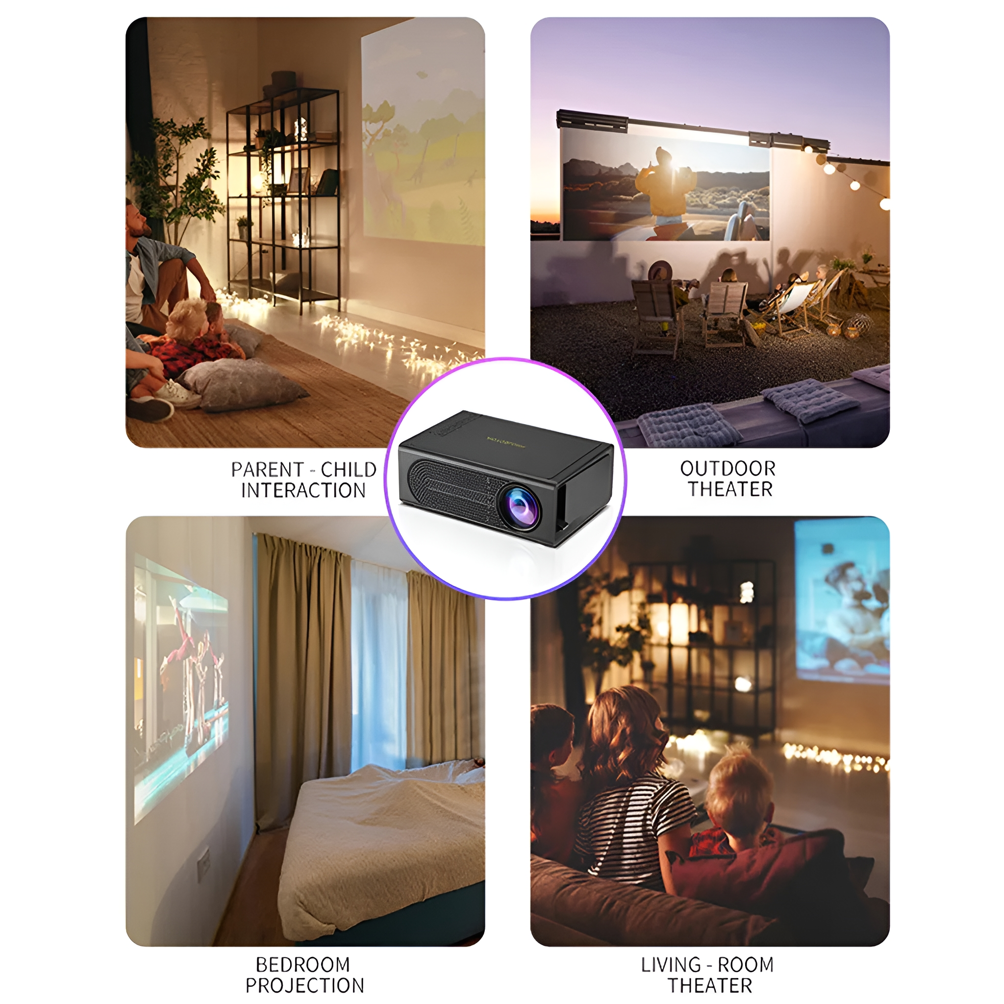Ein Projektor mit vier Szenen, darunter Eltern-Kind, Outdoor, Schlafzimmer und Wohnzimmer.