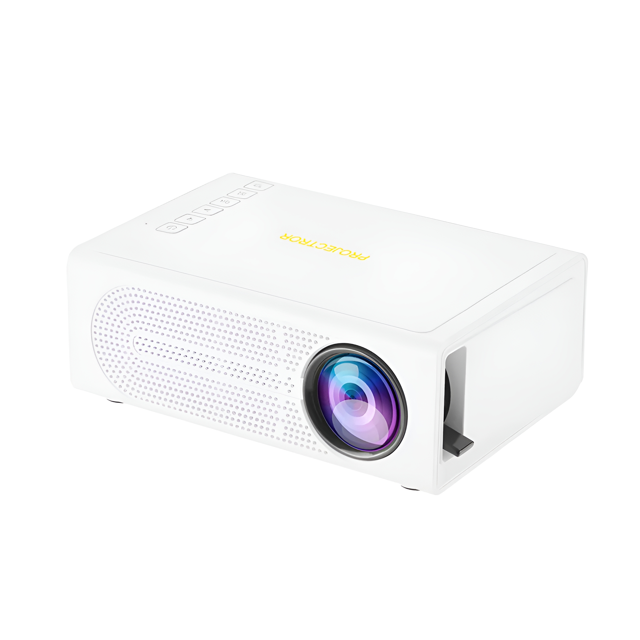 Weißer Projektor mit dem Wort PROJECTOR in Gelb. Die Linse befindet sich in der Mitte, und oben befinden sich Knöpfe.